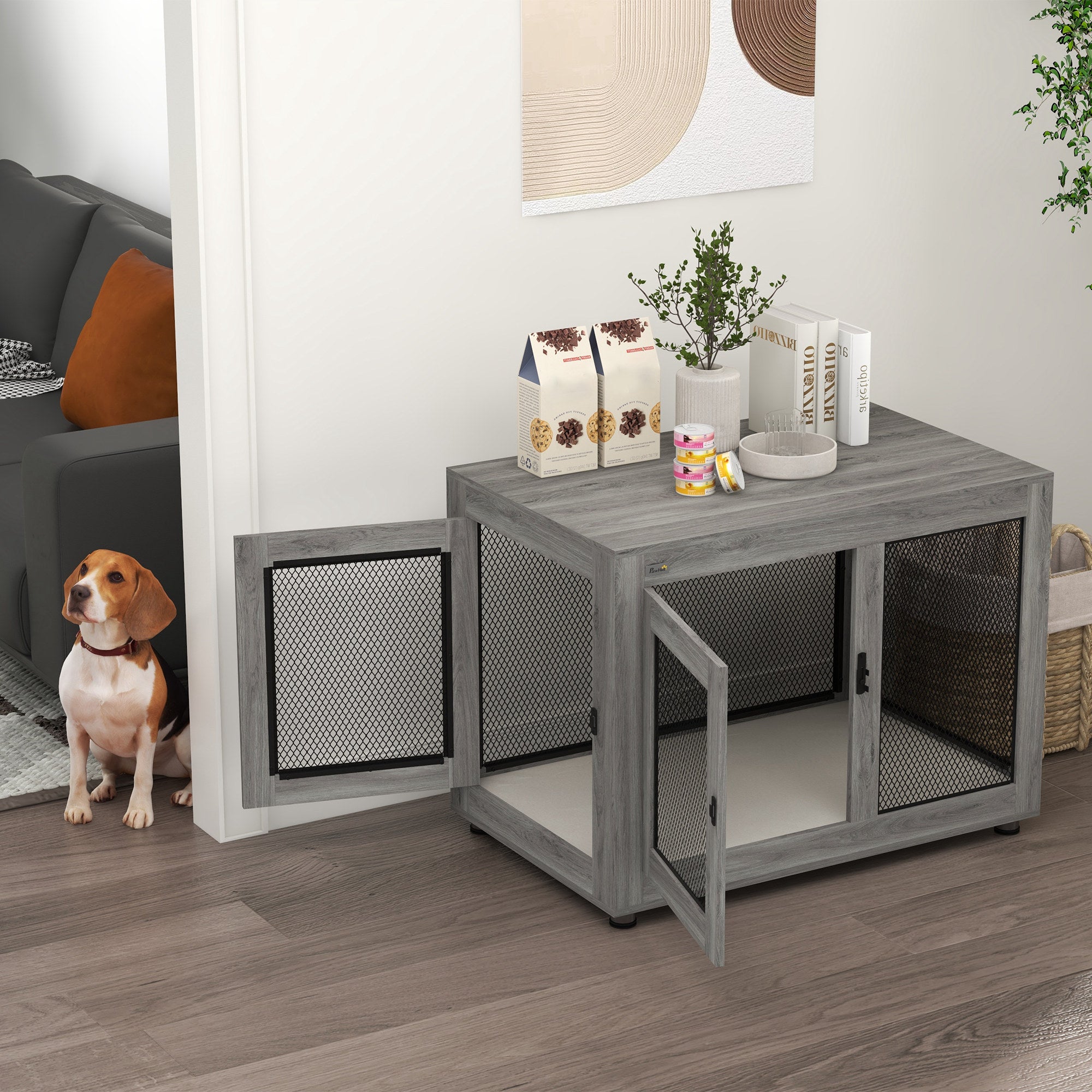 PawHut 37" Double-Door Dog Crate Furniture for Large Medium Dogs, Pet Crate End Table with Water-Resistant Cushion, Wooden Dog Cage Kennel Furniture for Indoor Use, Grey