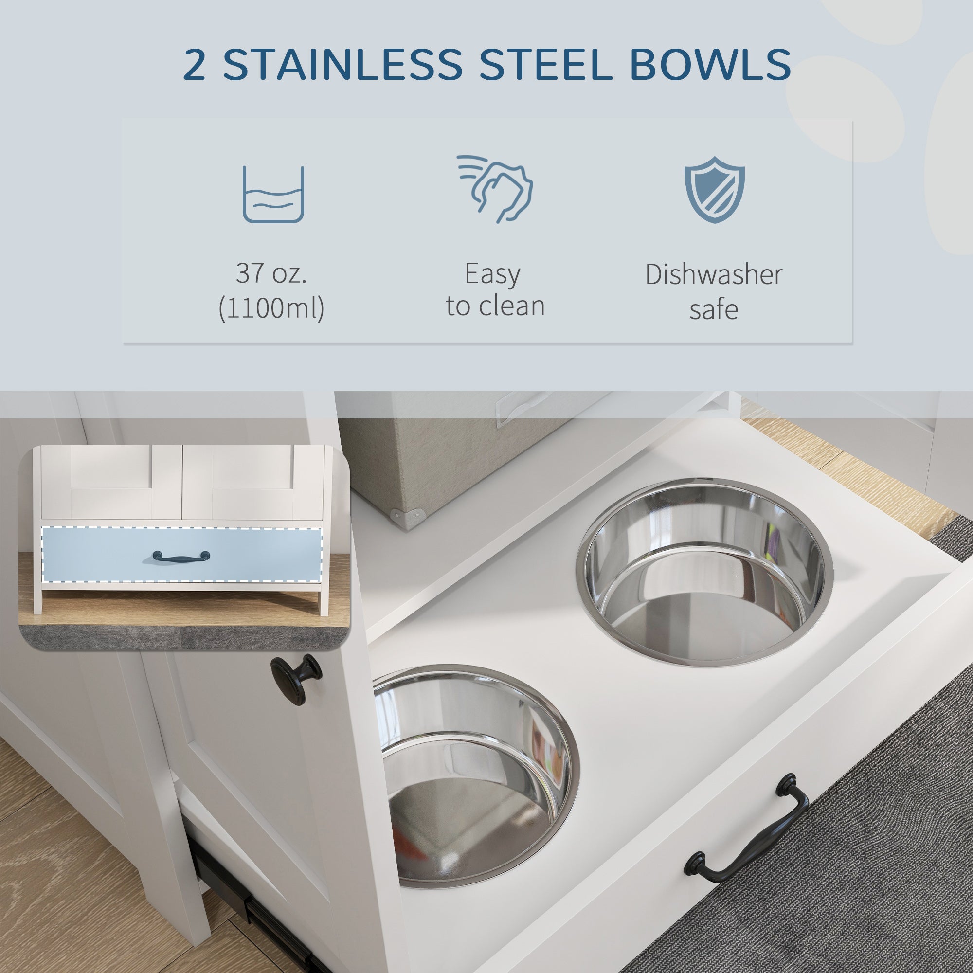 PawHut Dog Feeding Station, Furniture Style Pet Food Storage Container with Hidden Raised Bowls, Adjustable Panel, Hooks, for Medium Sized Dogs, White