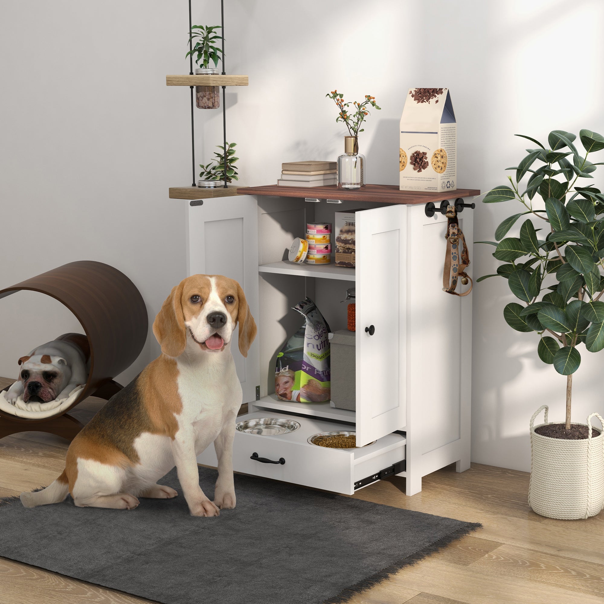 PawHut Dog Feeding Station, Furniture Style Pet Food Storage Container with Hidden Raised Bowls, Adjustable Panel, Hooks, for Medium Sized Dogs, White