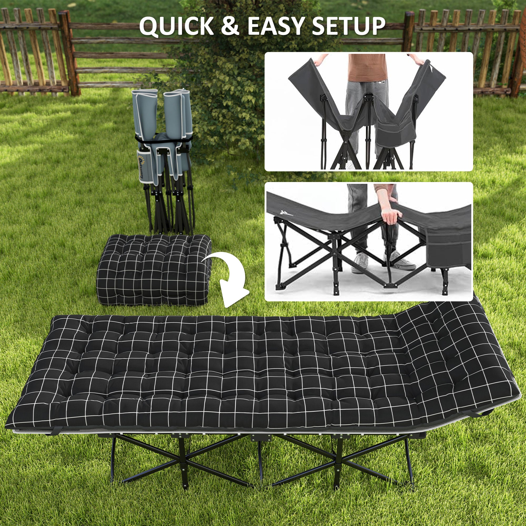 Outsunny Camping Cot for Adults with Mattress, 26.4" Wide Folding Bed with Storage Pocket, Carry Bag and Non-Slip Feet for Outdoor Travel Home Office, Max Load 330 LBS, Black