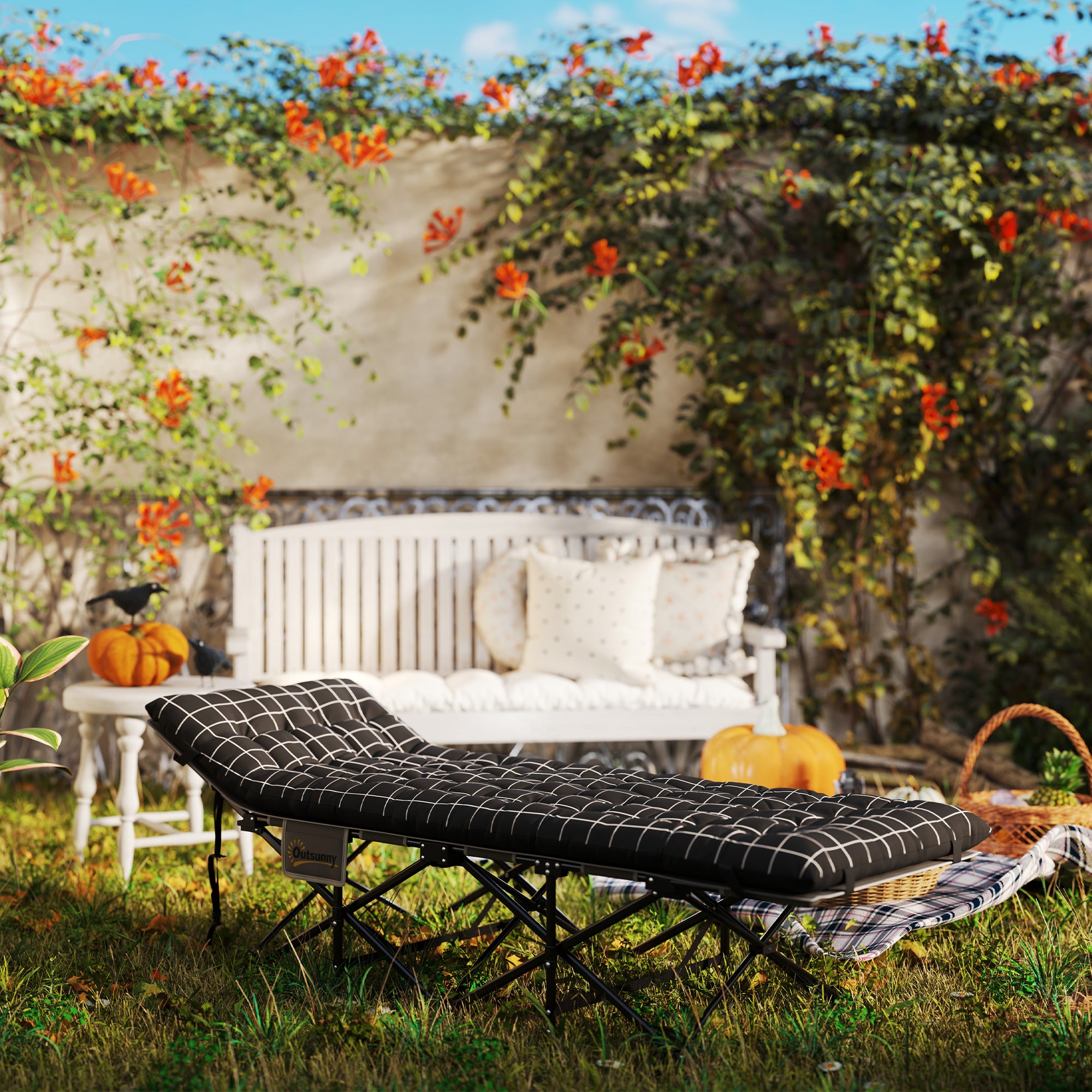 Outsunny Camping Cot for Adults with Mattress, 26.4" Wide Folding Bed with Storage Pocket, Carry Bag and Non-Slip Feet for Outdoor Travel Home Office, Max Load 330 LBS, Black