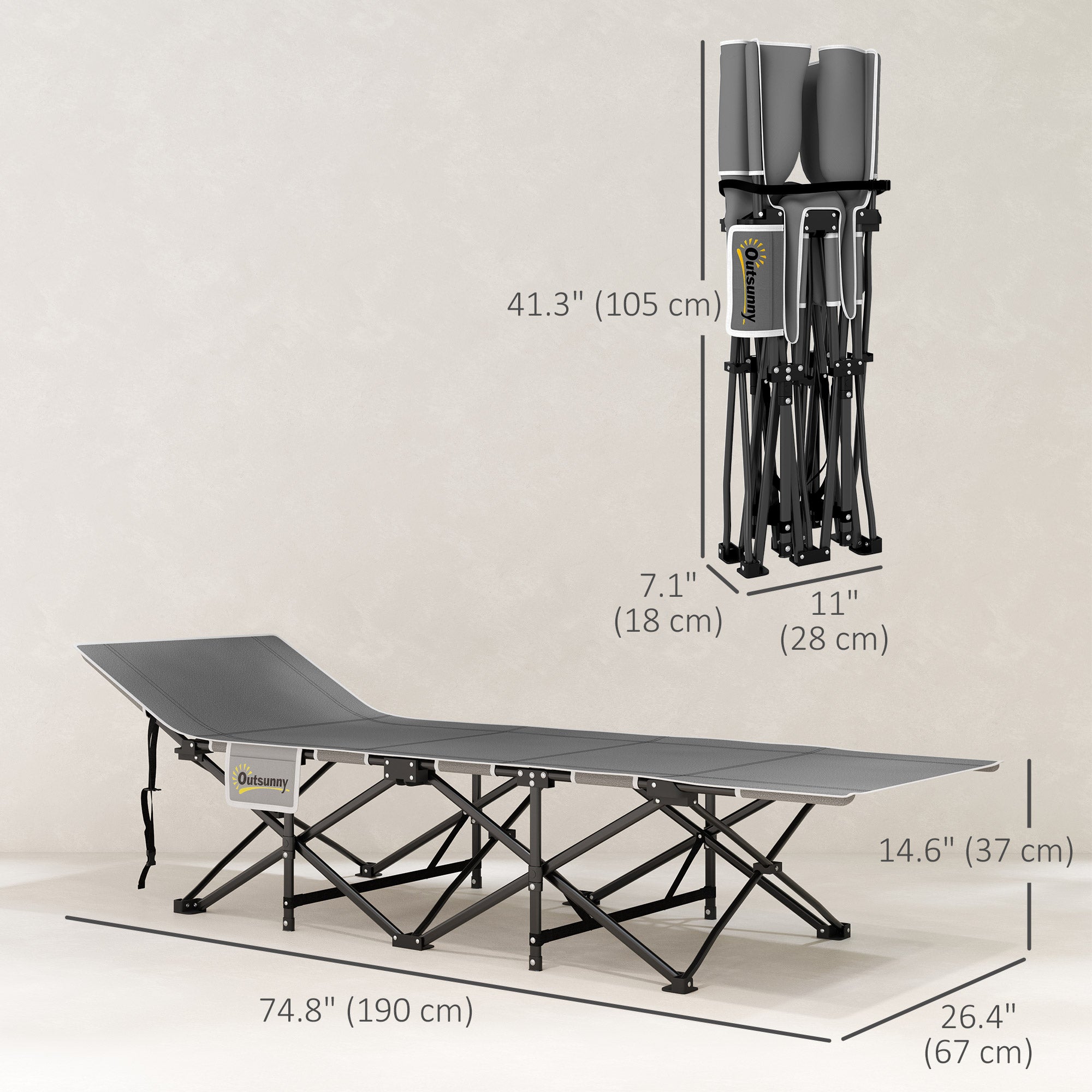 Outsunny Camping Cot for Adults with Mattress, 26.4" Wide Folding Bed with Storage Pocket, Carry Bag and Non-Slip Feet for Outdoor Travel Home Office, Max Load 330 LBS, Black
