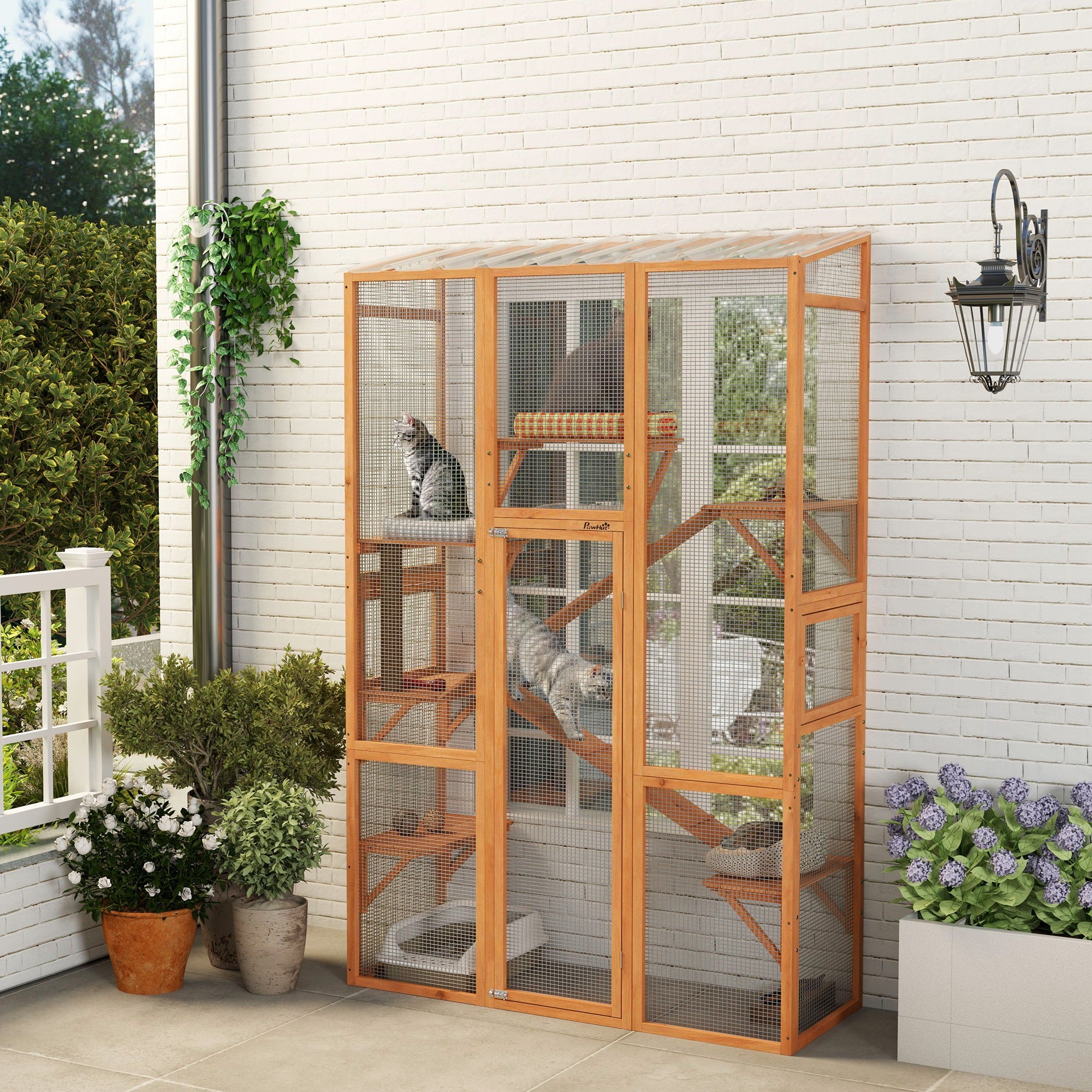 PawHut Catio Outdoor Cat Enclosure, Large Wooden Cat House with 6 Jumping Platforms, Scratching Post, 2 Ramps, Waterproof Roof, Outdoor Cat Cage for 2-3 Kittens, 64