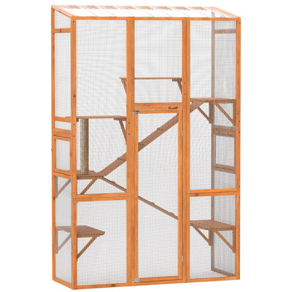 PawHut Catio Outdoor Cat Enclosure, Large Wooden Cat House with 6 Jumping Platforms, Scratching Post, 2 Ramps, Waterproof Roof, Outdoor Cat Cage for 2-3 Kittens, 64" x 24" x 99"