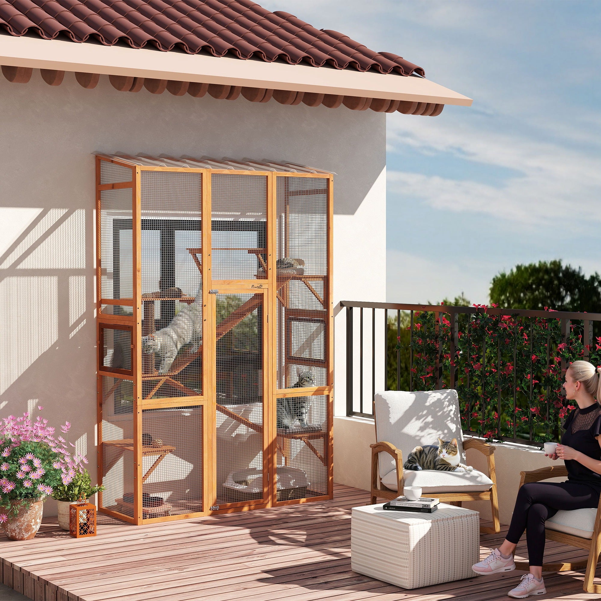 PawHut Catio Outdoor Cat Enclosure, Large Wooden Cat House with 6 Jumping Platforms, Scratching Post, 2 Ramps, Waterproof Roof, Outdoor Cat Cage for 2-3 Kittens, 64" x 24" x 99"