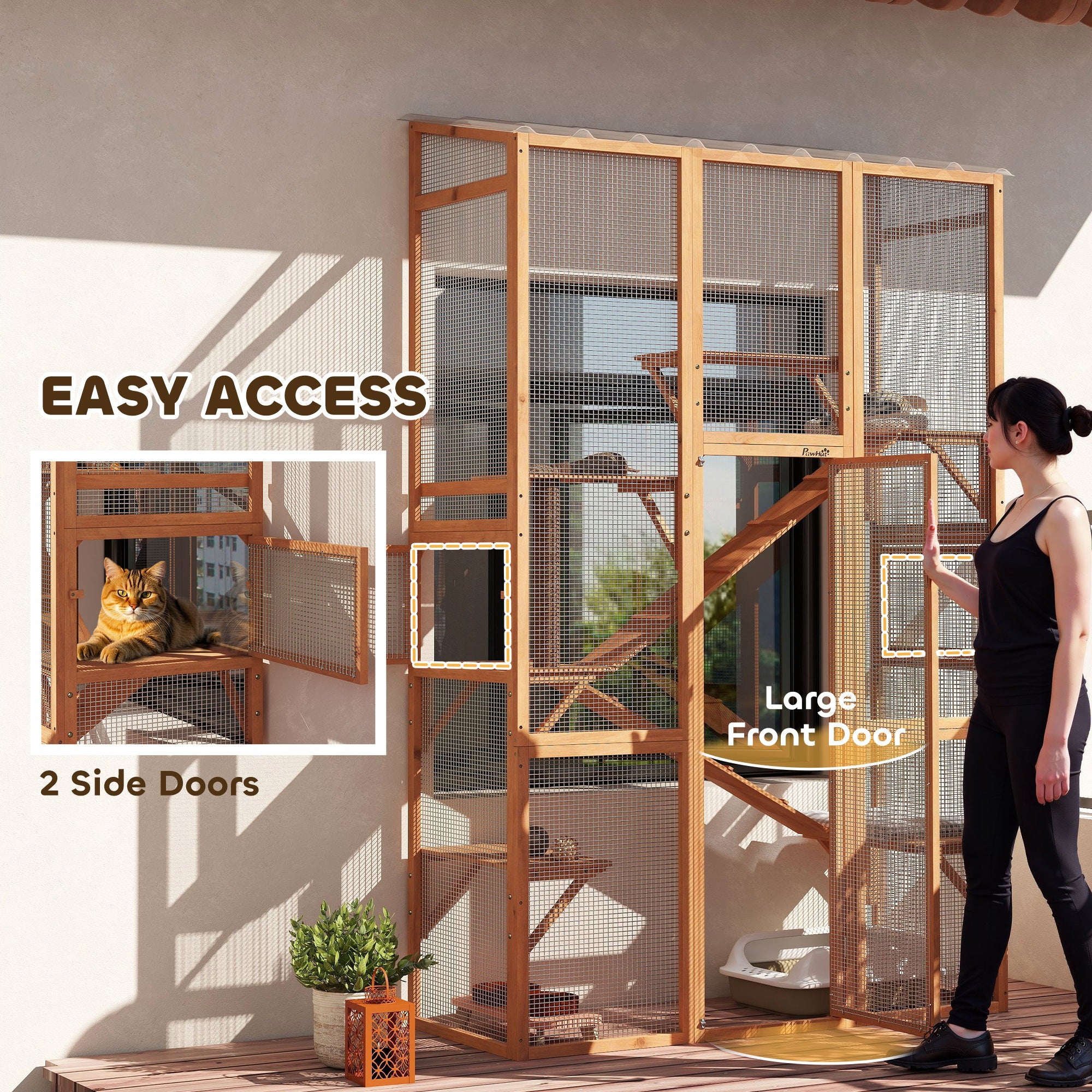 PawHut Catio Outdoor Cat Enclosure, Large Wooden Cat House with 6 Jumping Platforms, Scratching Post, 2 Ramps, Waterproof Roof, Outdoor Cat Cage for 2-3 Kittens, 64" x 24" x 99"