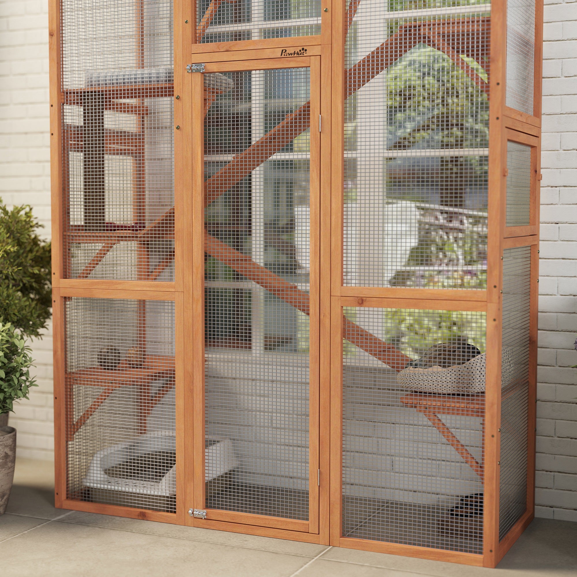 PawHut Catio Outdoor Cat Enclosure, Large Wooden Cat House with 6 Jumping Platforms, Scratching Post, 2 Ramps, Waterproof Roof, Outdoor Cat Cage for 2-3 Kittens, 64