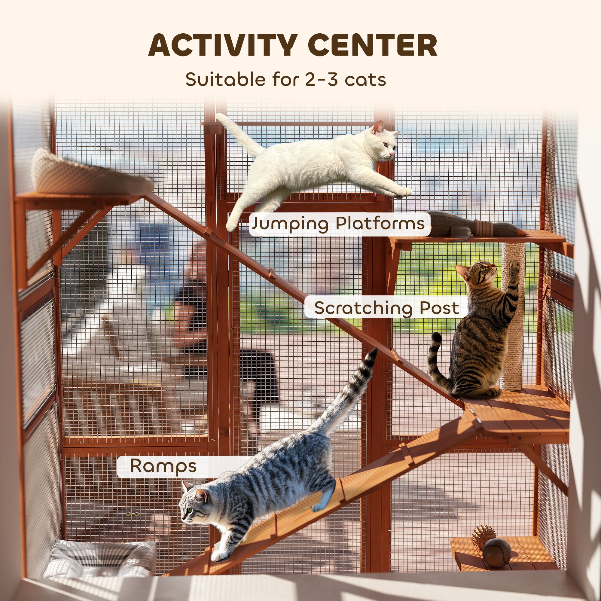 PawHut Catio Outdoor Cat Enclosure, Large Wooden Cat House with 6 Jumping Platforms, Scratching Post, 2 Ramps, Waterproof Roof, Outdoor Cat Cage for 2-3 Kittens, 64