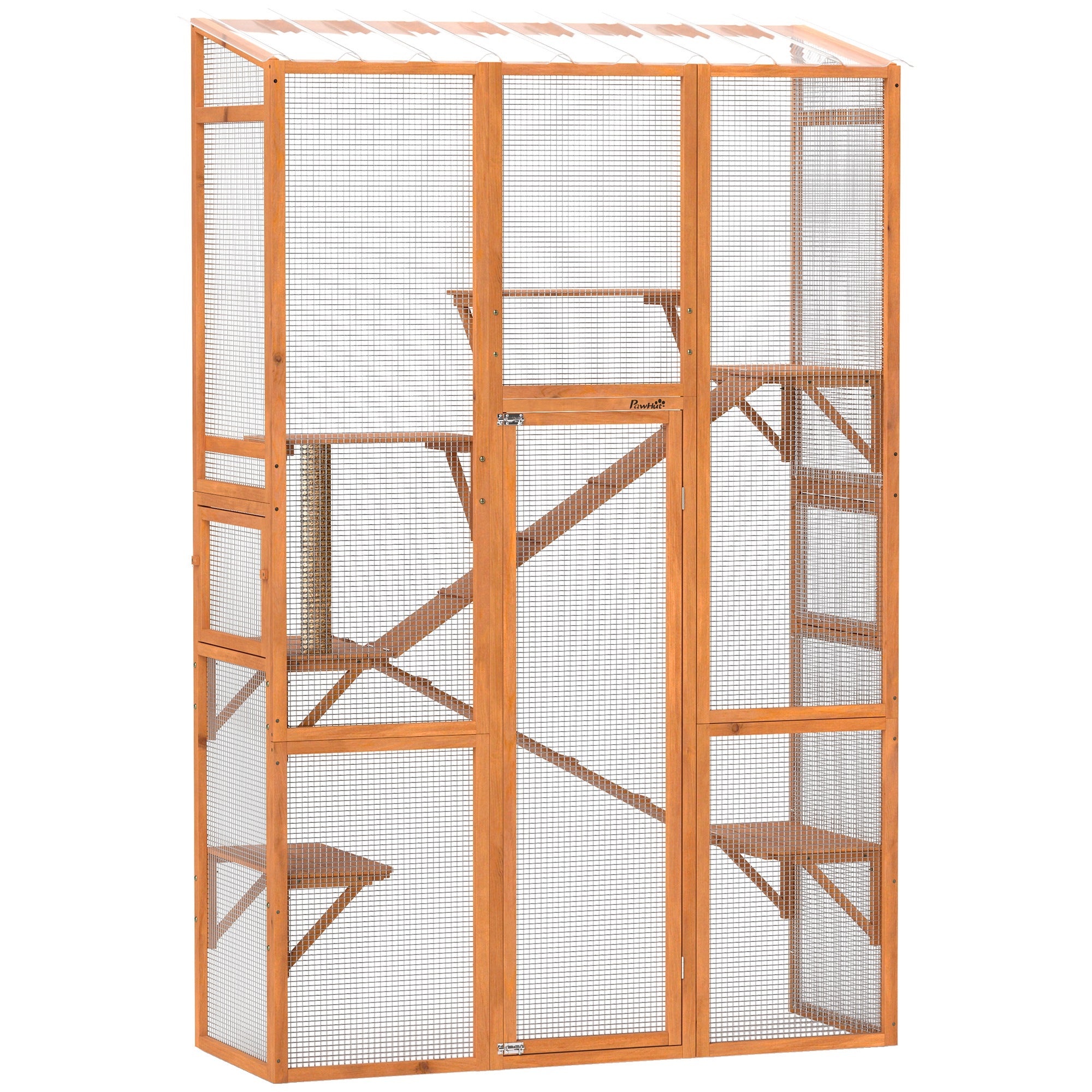 PawHut Catio Outdoor Cat Enclosure, Large Wooden Cat House with 6 Jumping Platforms, Scratching Post, 2 Ramps, Waterproof Roof, Outdoor Cat Cage for 2-3 Kittens, 64
