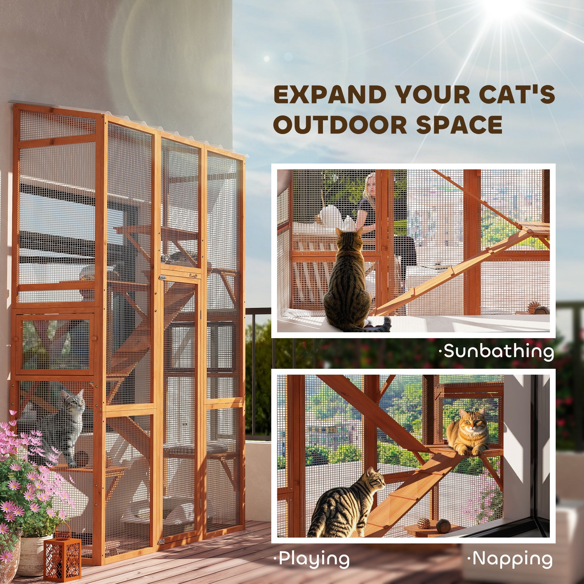 PawHut Catio Outdoor Cat Enclosure, Large Wooden Cat House with 6 Jumping Platforms, Scratching Post, 2 Ramps, Waterproof Roof, Outdoor Cat Cage for 2-3 Kittens, 64" x 24" x 99"