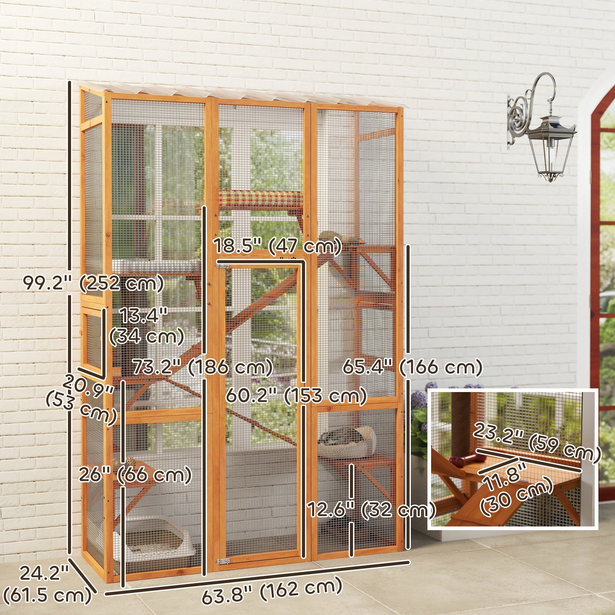 PawHut Catio Outdoor Cat Enclosure, Large Wooden Cat House with 6 Jumping Platforms, Scratching Post, 2 Ramps, Waterproof Roof, Outdoor Cat Cage for 2-3 Kittens, 64