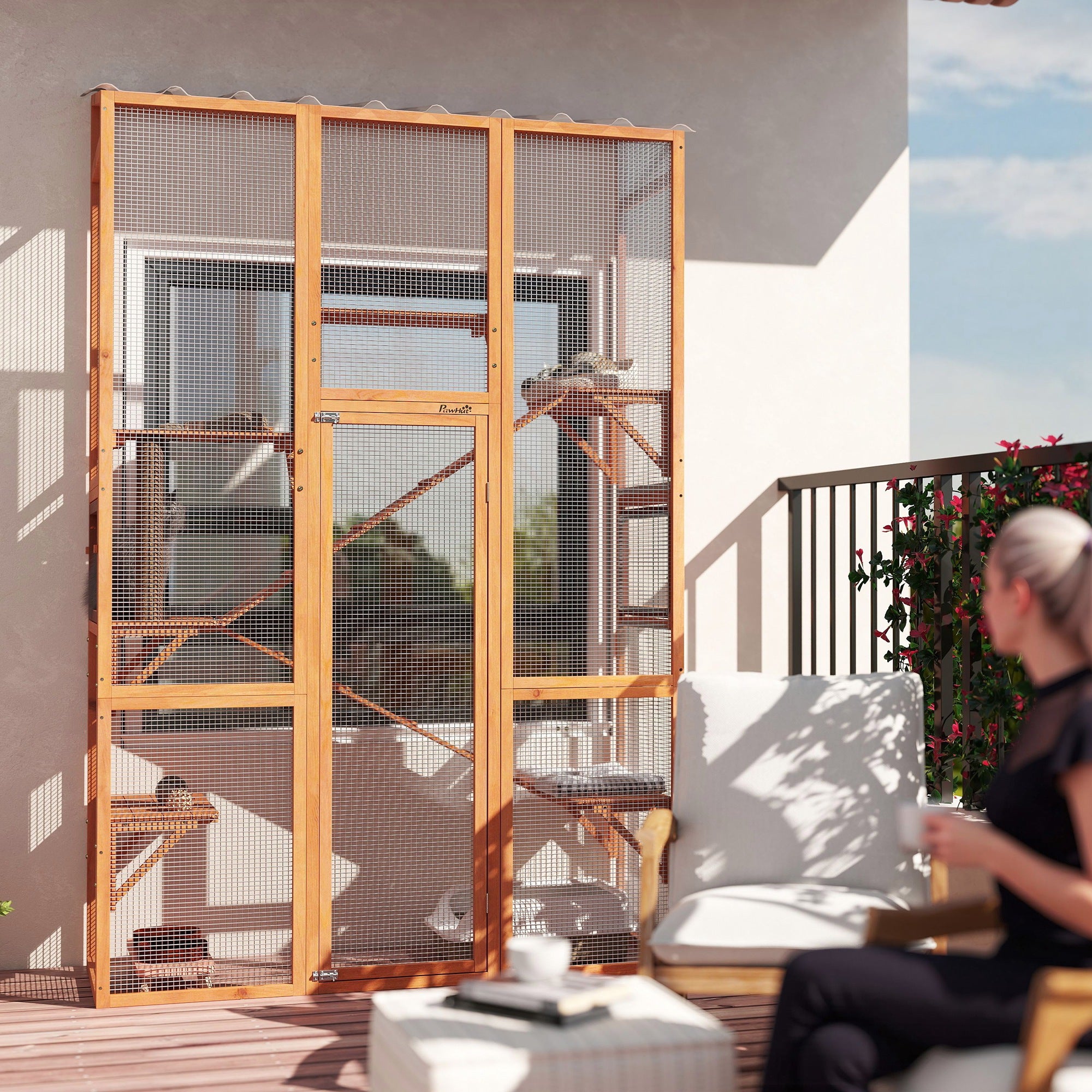 PawHut Catio Outdoor Cat Enclosure, Large Wooden Cat House with 6 Jumping Platforms, Scratching Post, 2 Ramps, Waterproof Roof, Outdoor Cat Cage for 2-3 Kittens, 64" x 24" x 99"