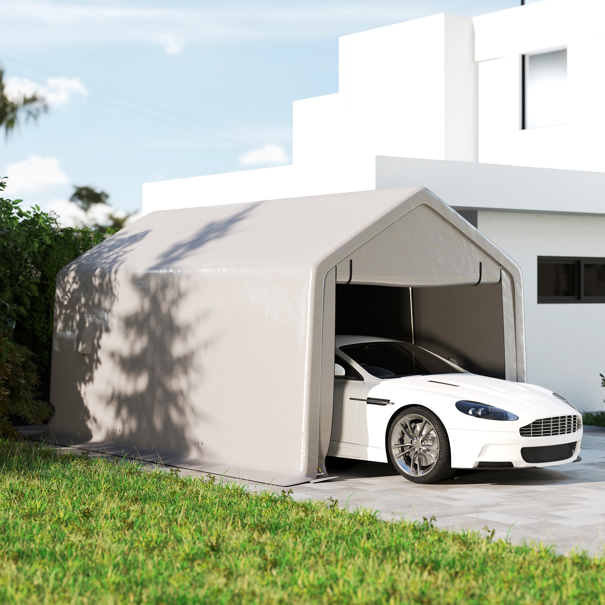 Outsunny 10 x 17 ft Heavy Duty Carport, Portable Garage with Roll-up Zipper Door, Steel Carport Tent Shelter UV Resistant Waterproof for Motorcycle Garden Storage, Grey