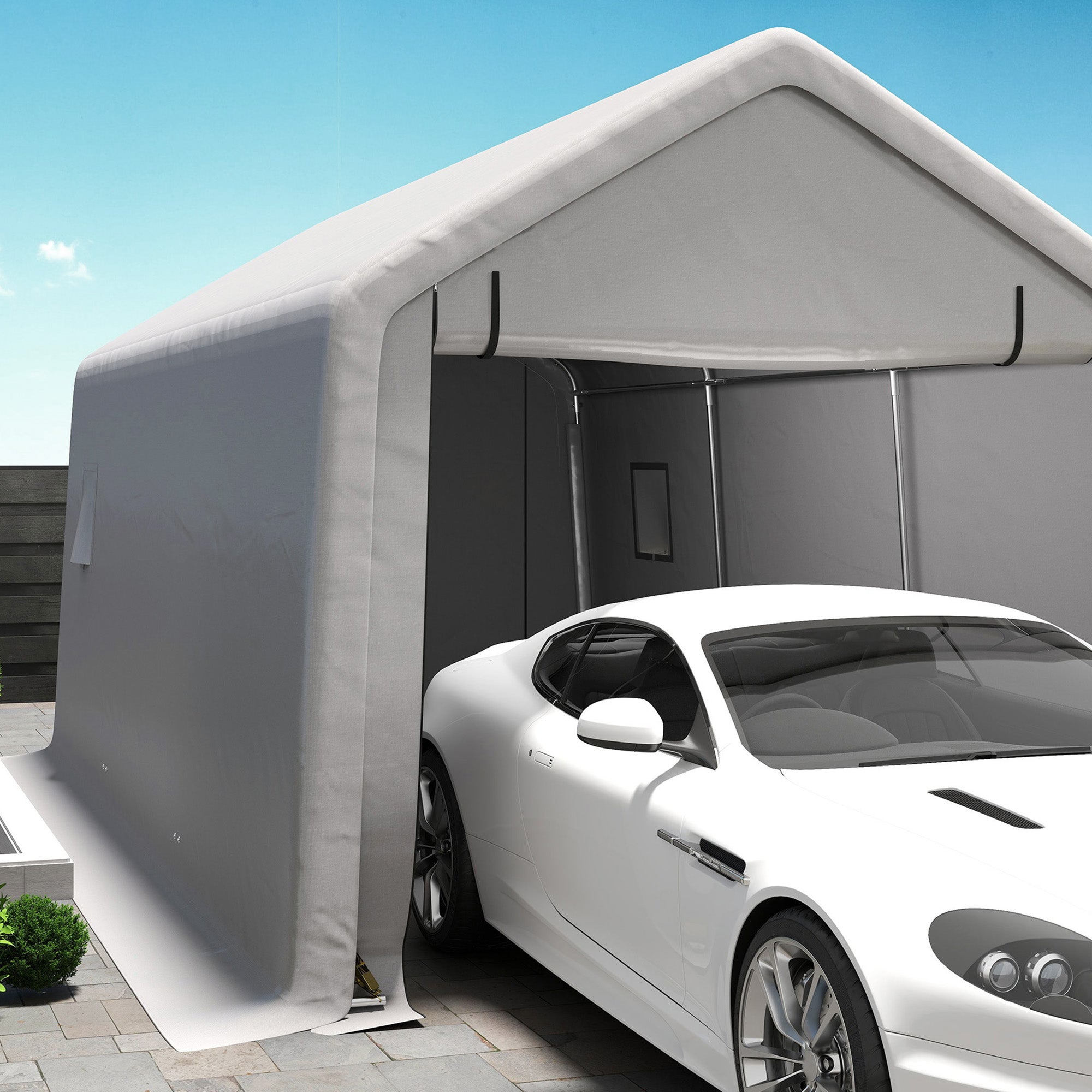 Outsunny 10 x 17 ft Heavy Duty Carport, Portable Garage with Roll-up Zipper Door, Steel Carport Tent Shelter UV Resistant Waterproof for Motorcycle Garden Storage, Grey