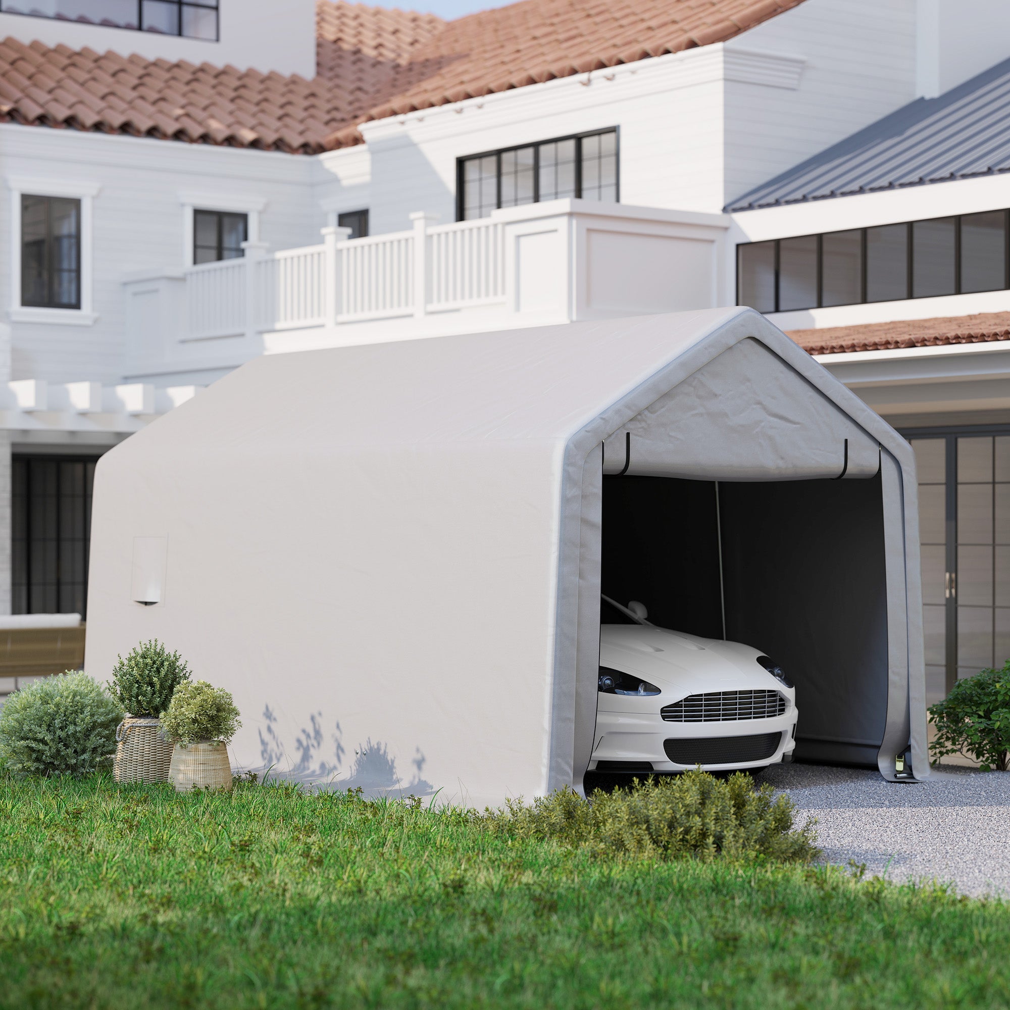 Outsunny 10 x 17 ft Heavy Duty Carport, Portable Garage with Roll-up Zipper Door, Steel Carport Tent Shelter UV Resistant Waterproof for Motorcycle Garden Storage, Grey