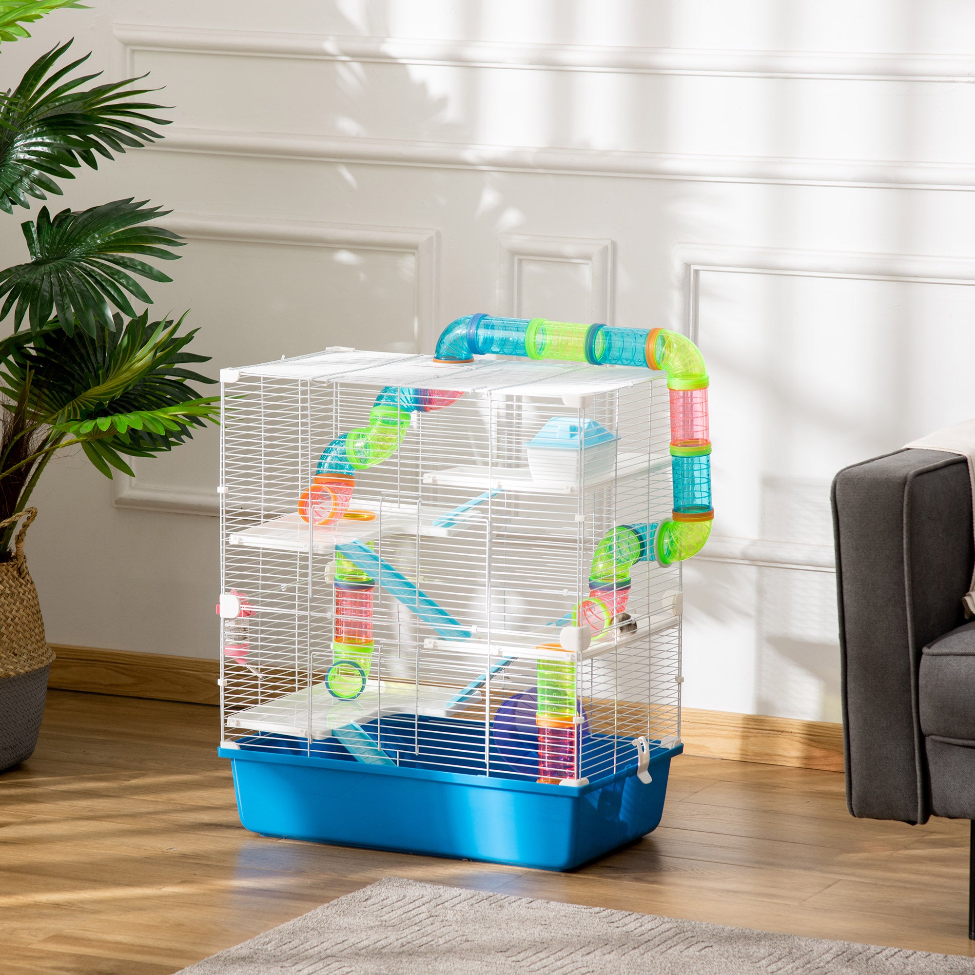 PawHut Hamster Cage, Large Small Animal House, 5-Level Guinea Pig Cage Gerbil Haven, Tunnel Tube System, with Water Bottle, Exercise Wheel, Food Dish, Ramps, Blue