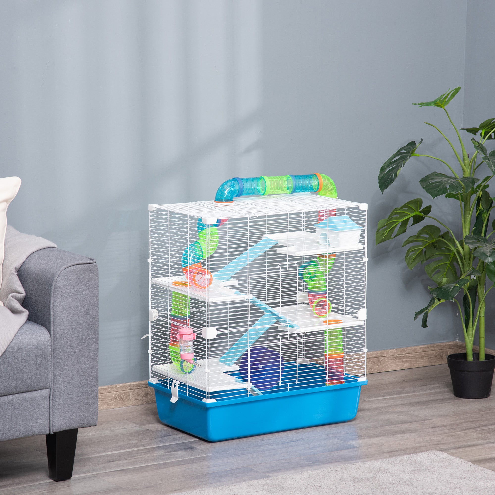 PawHut 5 Tier Hamster Cage, Gerbil Cage with Tube, Water Bottle, Exercise Wheel, Food Dish, 59L x 36W x 69H cm - Blue