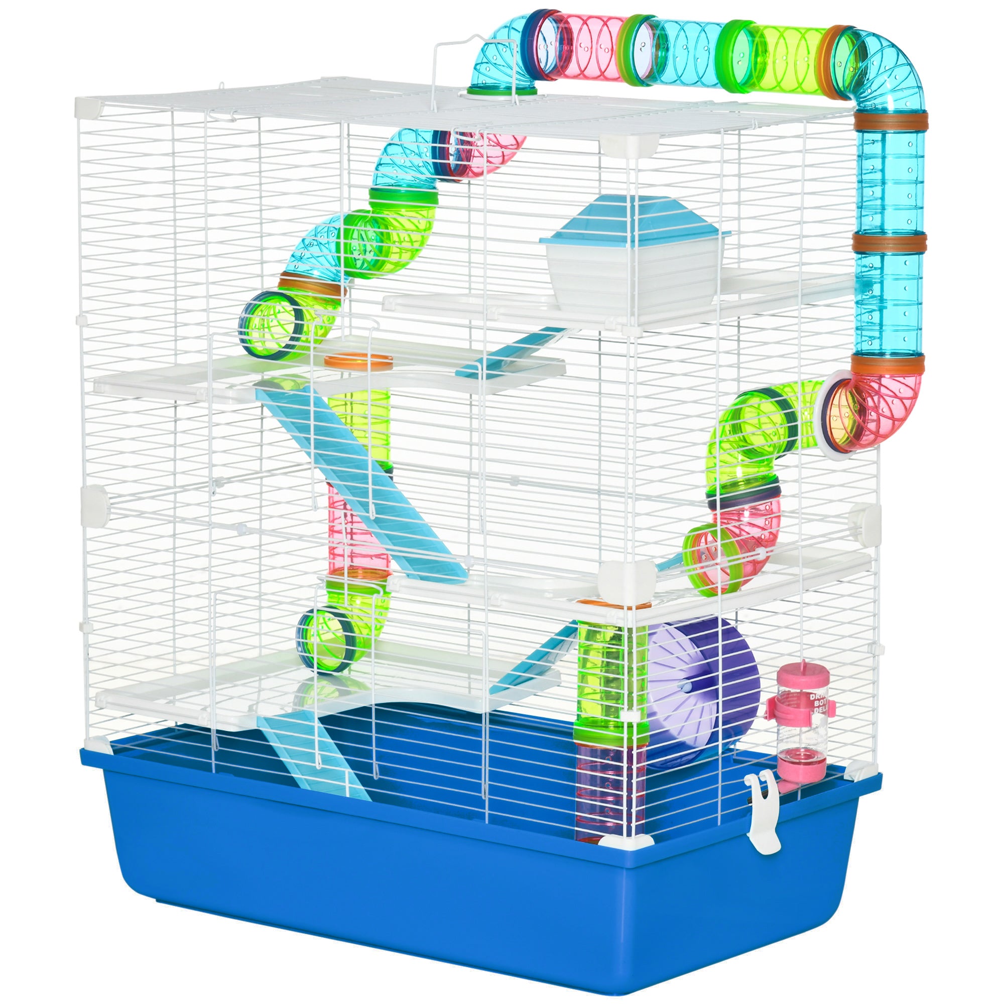 PawHut 5 Tier Hamster Cage, Gerbil Cage with Tube, Water Bottle, Exercise Wheel, Food Dish, 59L x 36W x 69H cm - Blue
