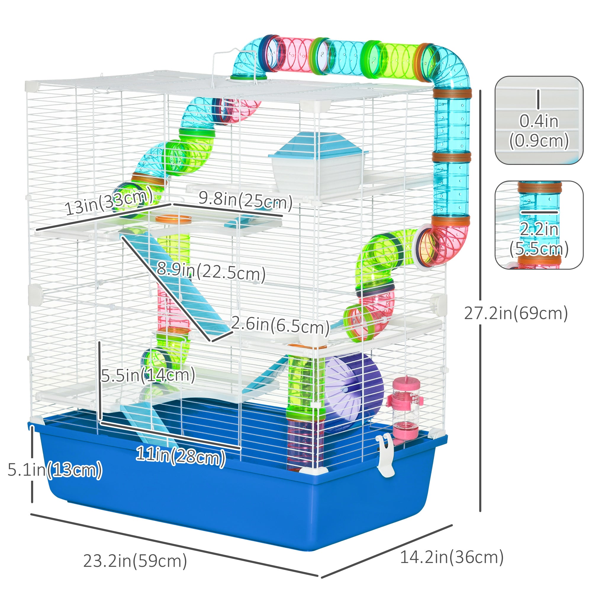 PawHut Hamster Cage, Large Small Animal House, 5-Level Guinea Pig Cage Gerbil Haven, Tunnel Tube System, with Water Bottle, Exercise Wheel, Food Dish, Ramps, Blue