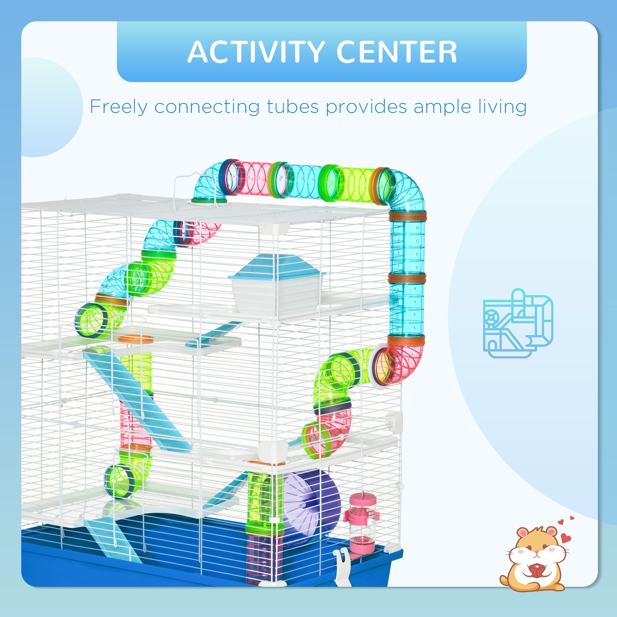 PawHut Hamster Cage, Large Small Animal House, 5-Level Guinea Pig Cage Gerbil Haven, Tunnel Tube System, with Water Bottle, Exercise Wheel, Food Dish, Ramps, Blue