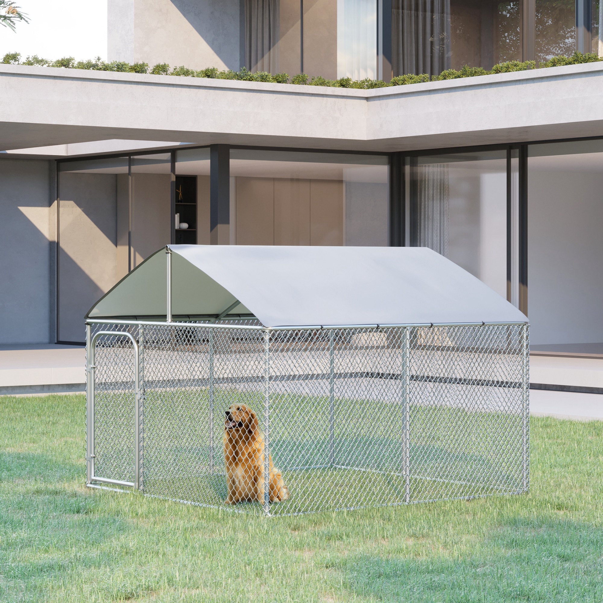 PawHut 7.5' x 7.5' x 5.6' Dog Kennel, Outdoor Dog Run with Waterproof, UV Resistant Roof, Lockable Door for Large-Sized Dogs, Silver