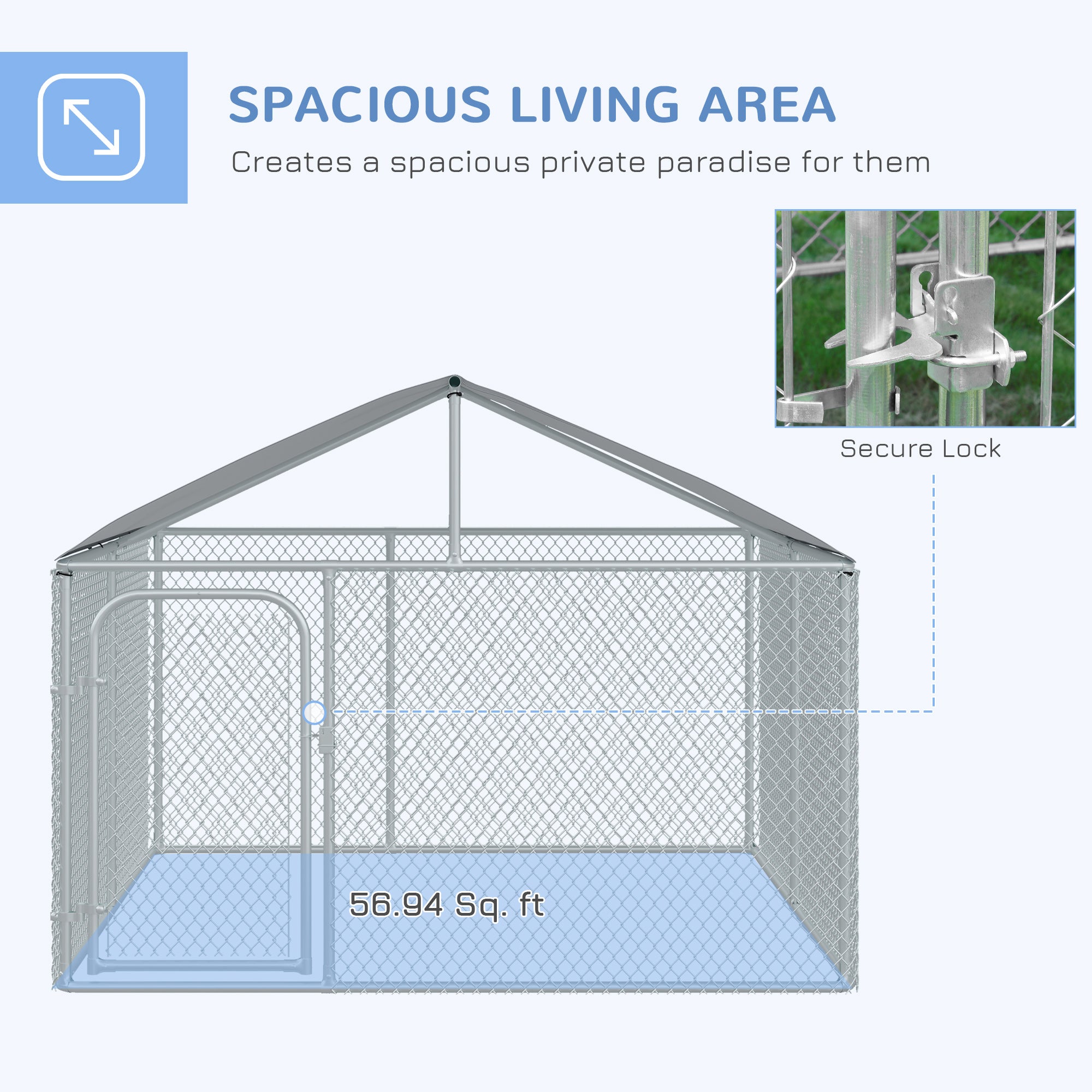 PawHut 7.5' x 7.5' x 5.6' Dog Kennel, Outdoor Dog Run with Waterproof, UV Resistant Roof, Lockable Door for Large-Sized Dogs, Silver