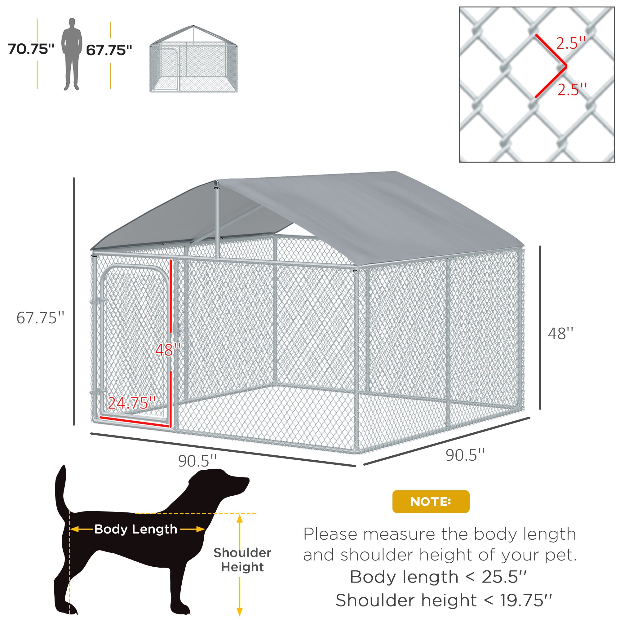 PawHut 7.5'Lx7.5'Wx5.6'H Large Outdoor Dog Kennel Playpen Galvanized Pet Exercise House Cage with Canopy Roof, Silver