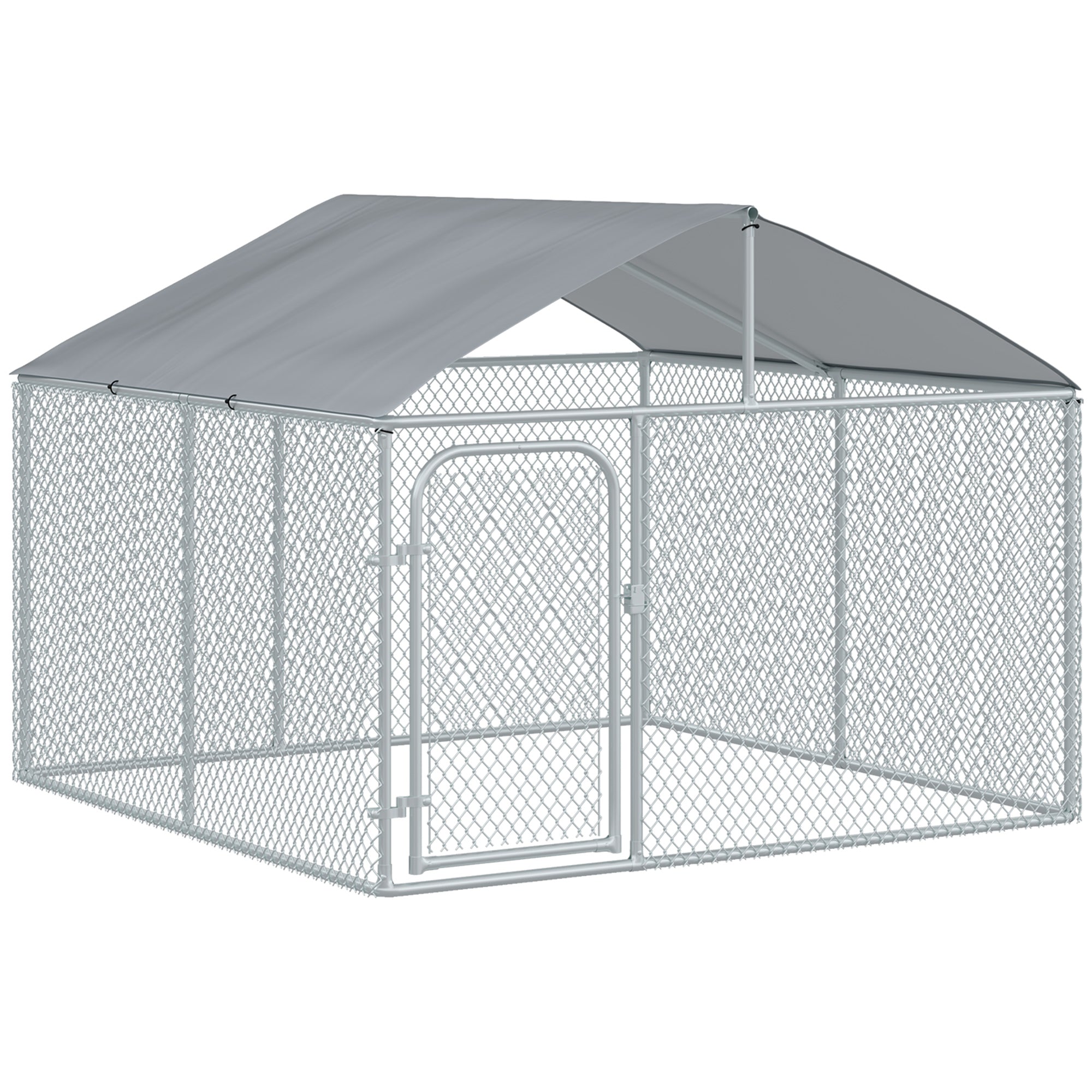 PawHut 7.5' x 7.5' x 5.6' Dog Kennel, Outdoor Dog Run with Waterproof, UV Resistant Roof, Lockable Door for Large-Sized Dogs, Silver