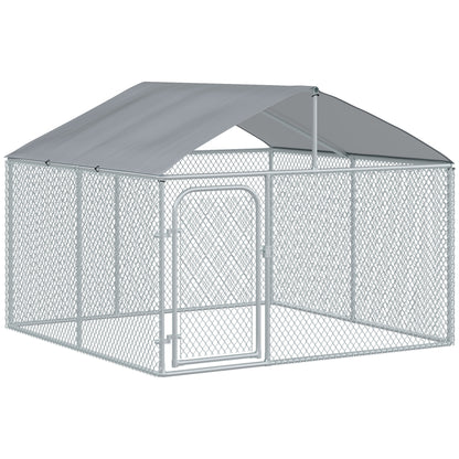 PawHut 7.5' x 7.5' x 5.6' Dog Kennel, Outdoor Dog Run with Waterproof, UV Resistant Roof, Lockable Door for Large-Sized Dogs, Silver