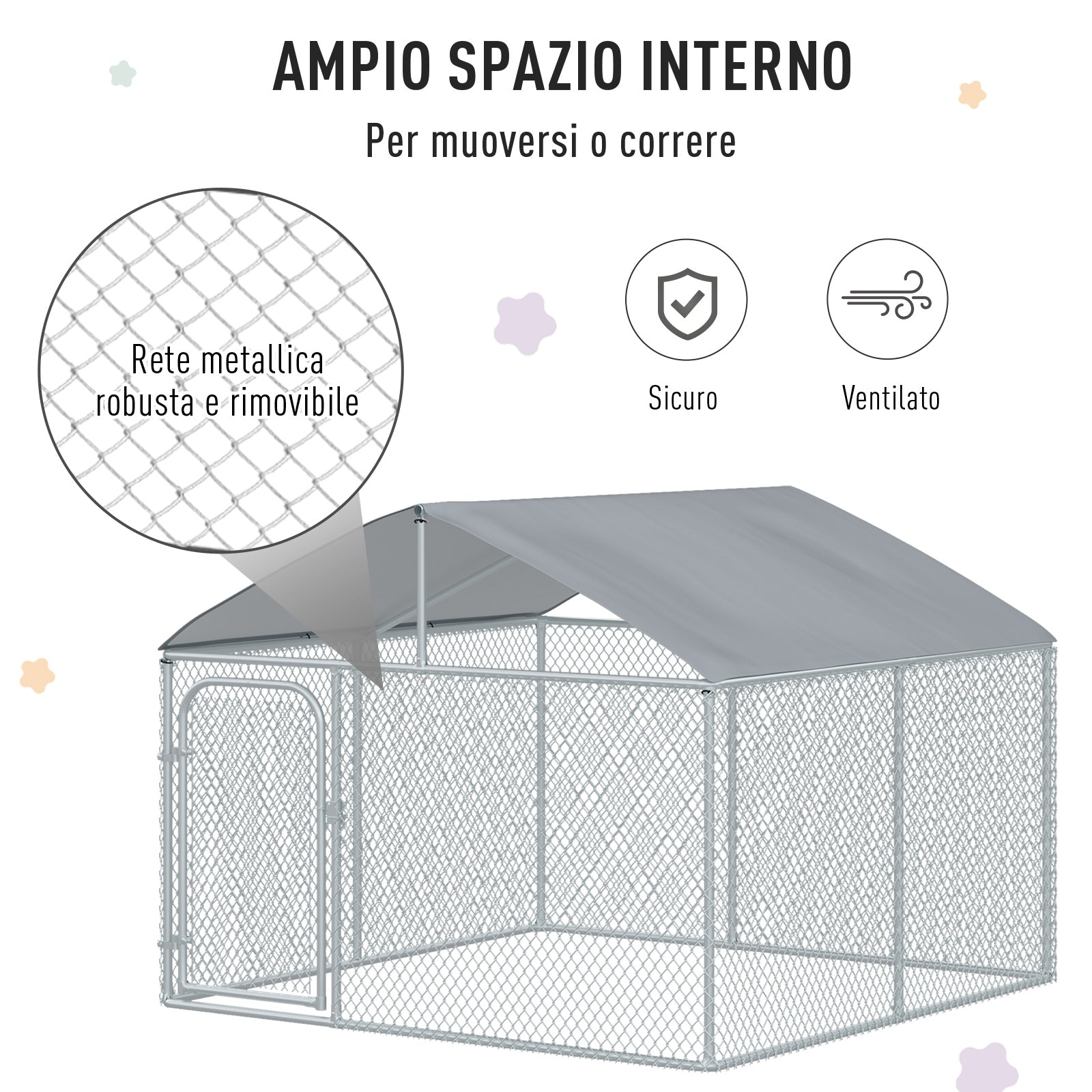 PawHut 7.5'Lx7.5'Wx5.6'H Large Outdoor Dog Kennel Playpen Galvanized Pet Exercise House Cage with Canopy Roof, Silver