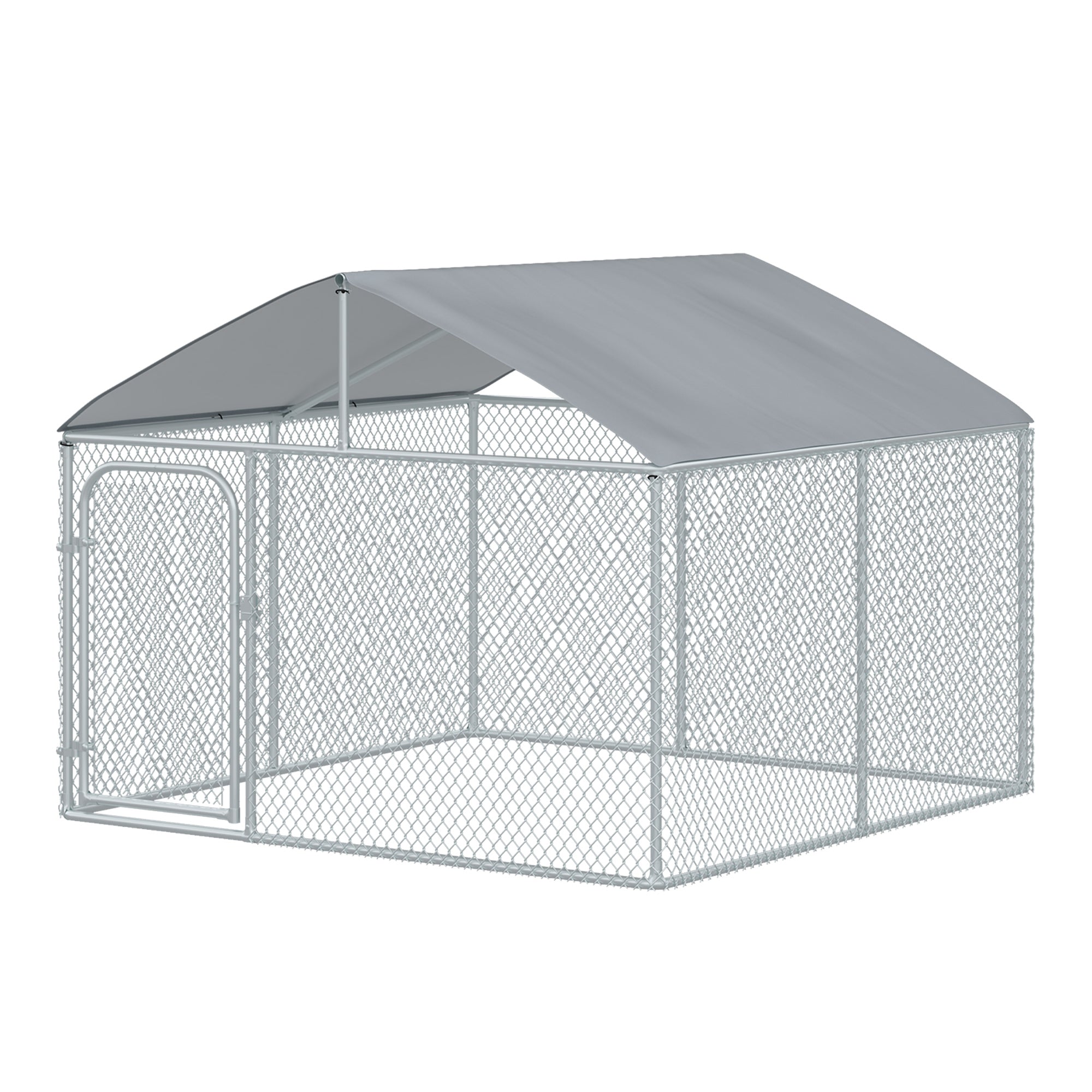 PawHut 7.5'Lx7.5'Wx5.6'H Large Outdoor Dog Kennel Playpen Galvanized Pet Exercise House Cage with Canopy Roof, Silver