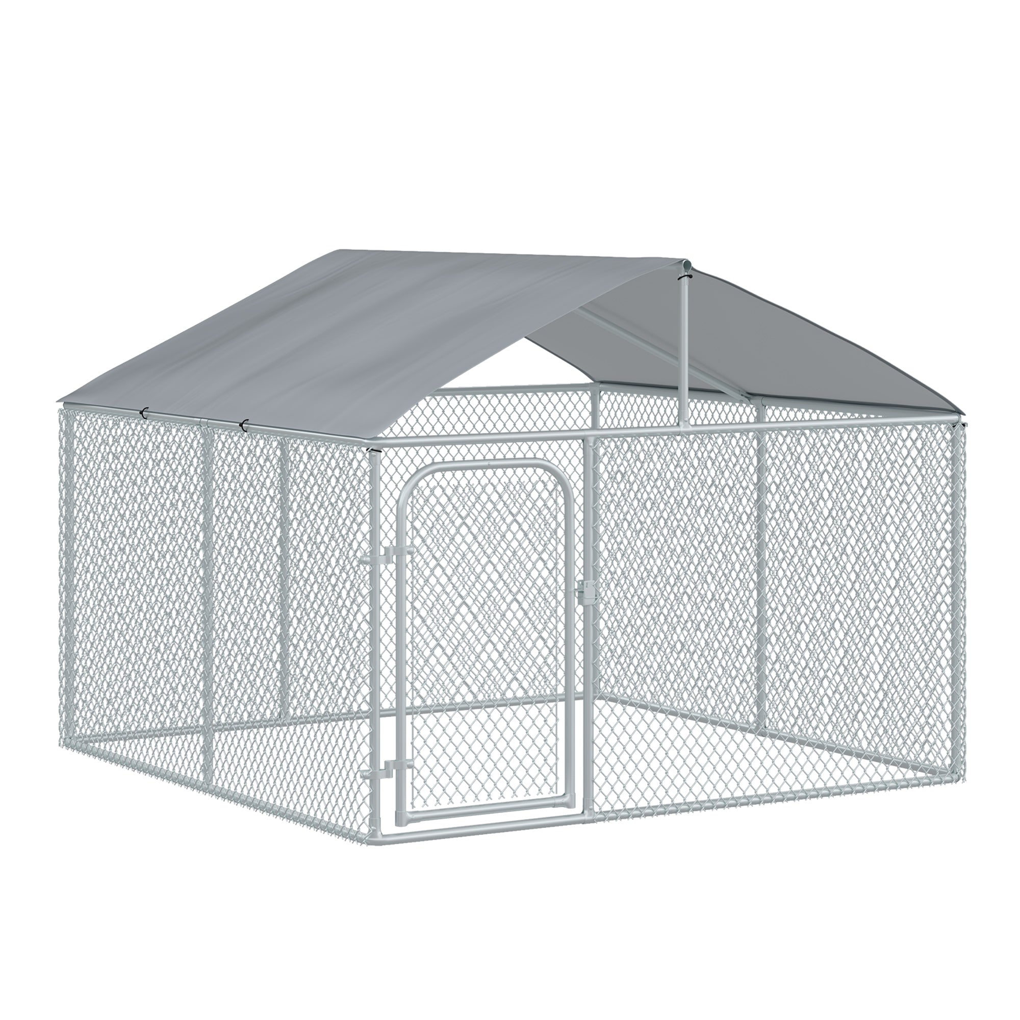 PawHut 7.5'Lx7.5'Wx5.6'H Large Outdoor Dog Kennel Playpen Galvanized Pet Exercise House Cage with Canopy Roof, Silver
