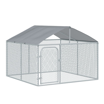 PawHut 7.5'Lx7.5'Wx5.6'H Large Outdoor Dog Kennel Playpen Galvanized Pet Exercise House Cage with Canopy Roof, Silver