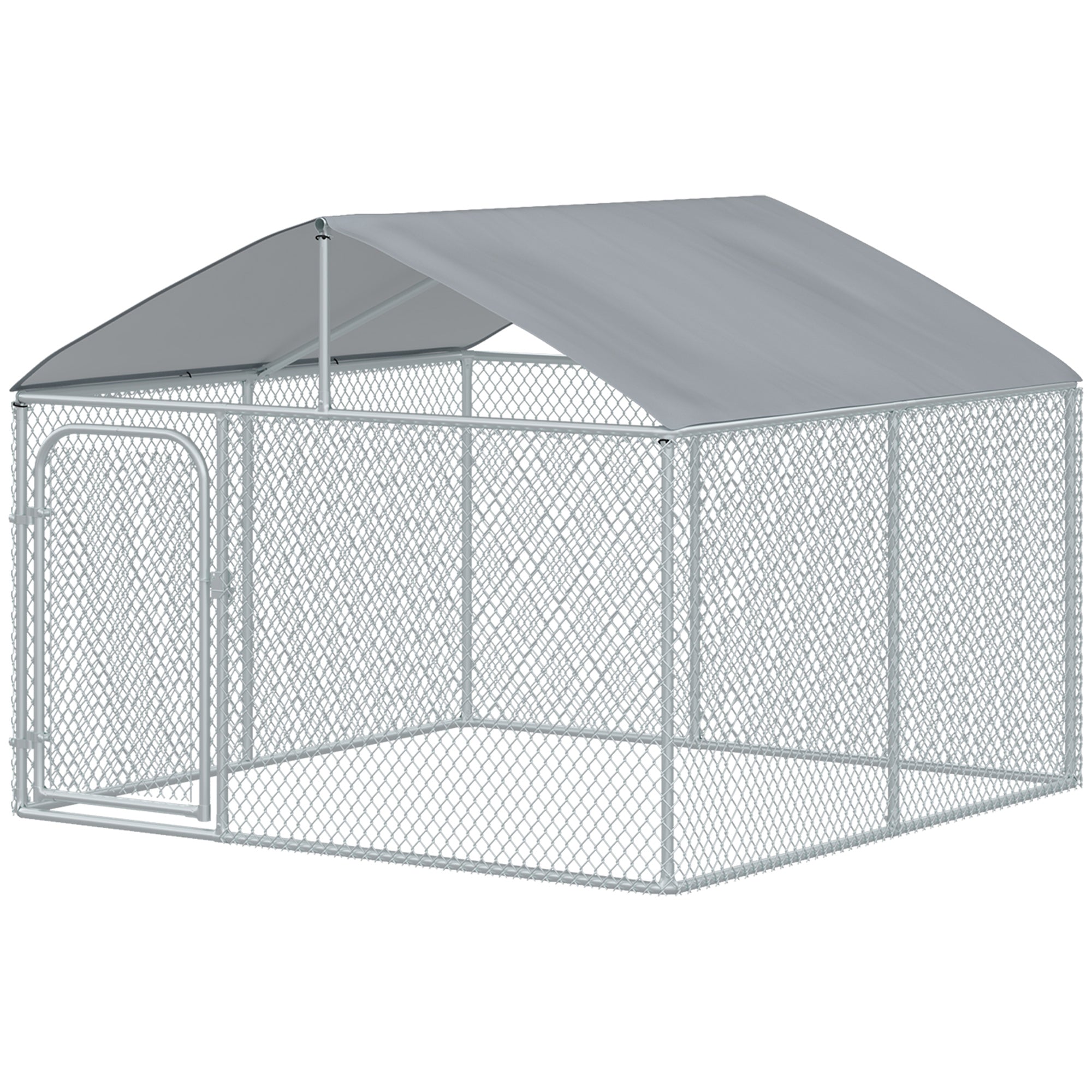 PawHut 7.5' x 7.5' x 5.6' Dog Kennel, Outdoor Dog Run with Waterproof, UV Resistant Roof, Lockable Door for Large-Sized Dogs, Silver