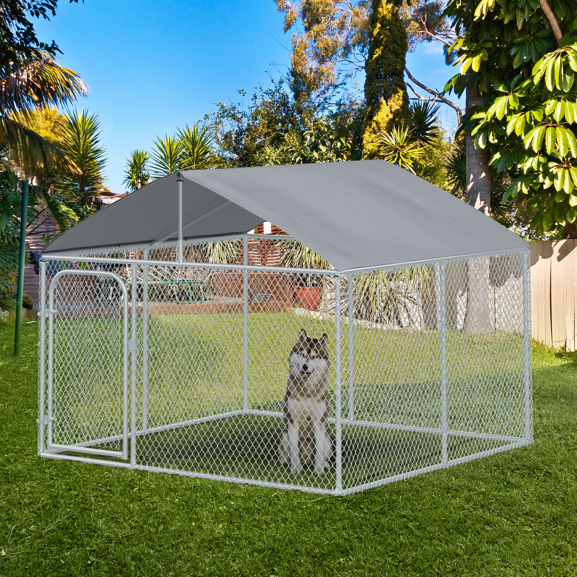 PawHut 7.5'Lx7.5'Wx5.6'H Large Outdoor Dog Kennel Playpen Galvanized Pet Exercise House Cage with Canopy Roof, Silver