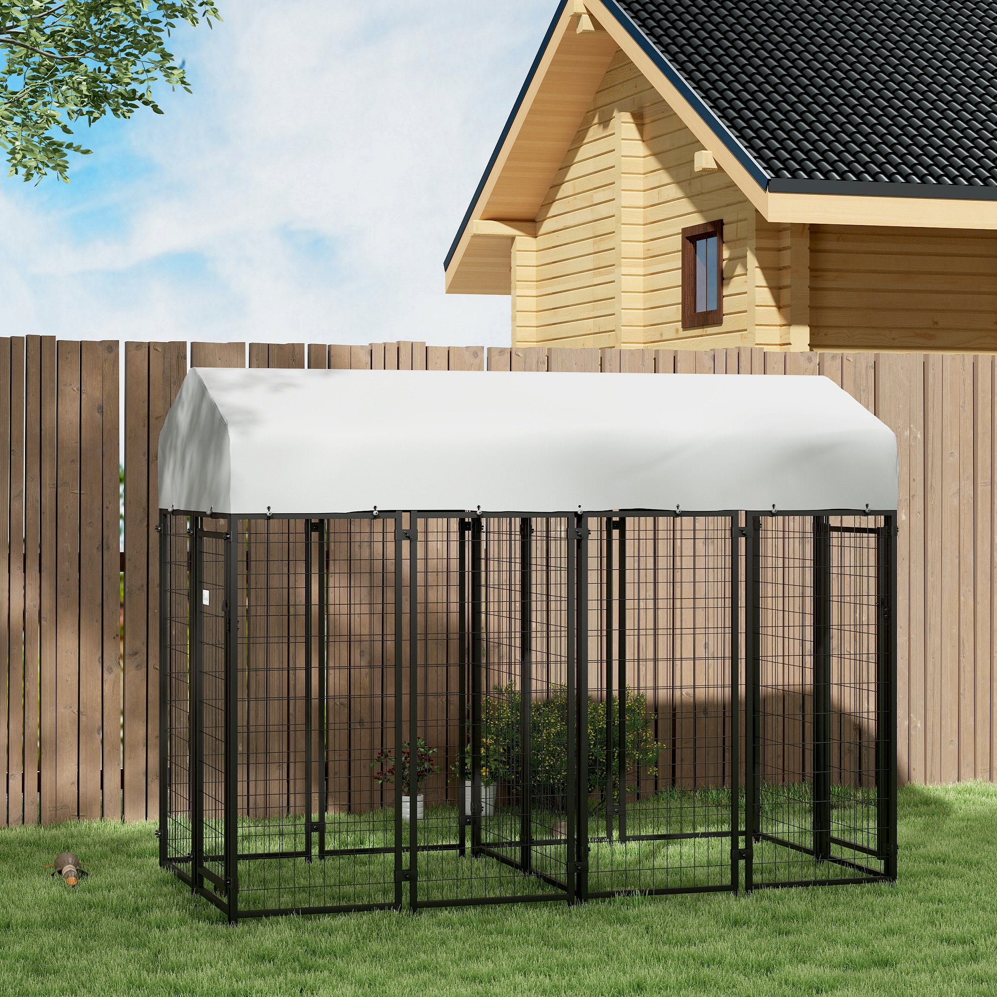 PawHut 8' x 4' x 6' Dog Kennel Outside with 2 Rooms, Dog Playpen Exercise Pen with 2 Lockable Door, Water-Resistant Canopy, for Medium and Large Puppies
