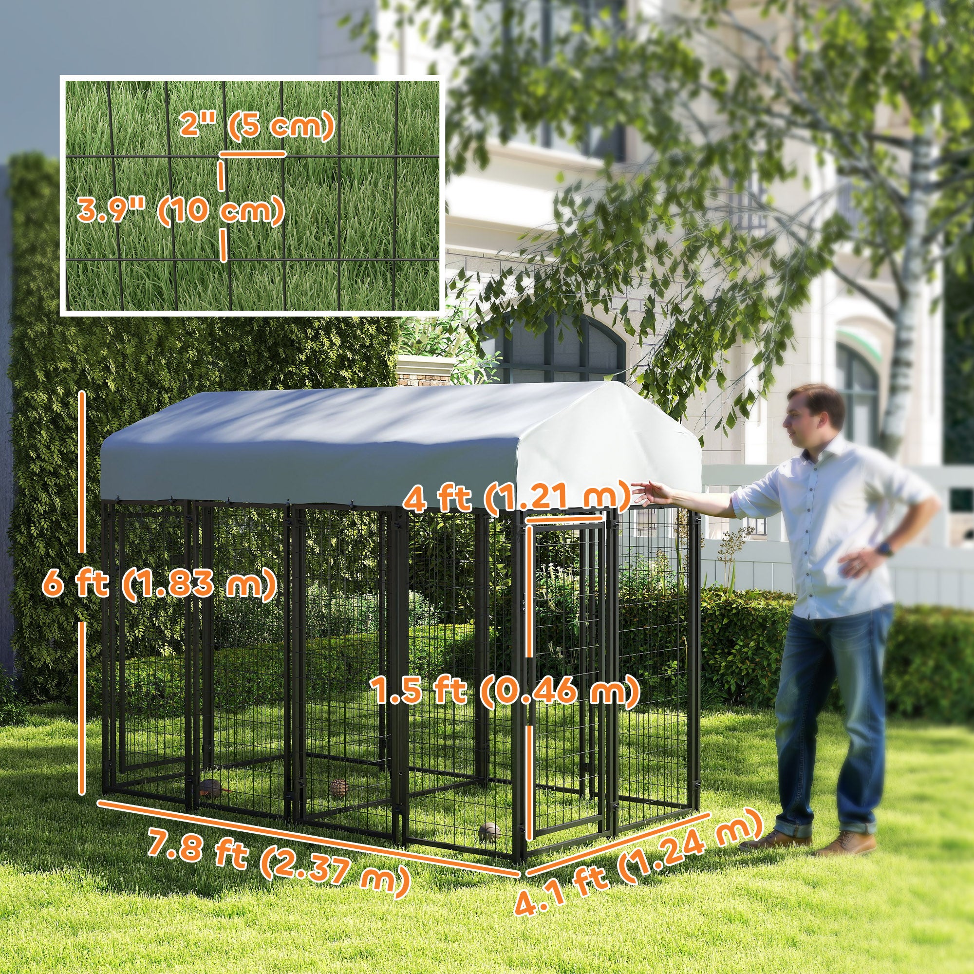 PawHut 8' x 4' x 6' Dog Kennel Outside with 2 Rooms, Dog Playpen Exercise Pen with 2 Lockable Door, Water-Resistant Canopy, for Medium and Large Puppies
