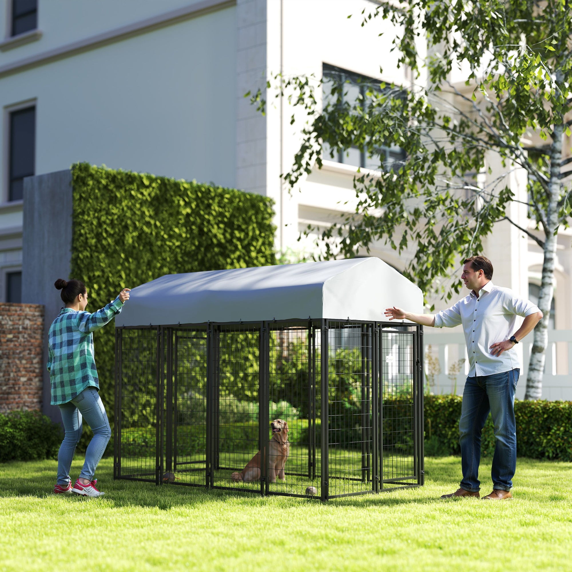 PawHut 8' x 4' x 6' Dog Kennel Outside with 2 Rooms, Dog Playpen Exercise Pen with 2 Lockable Door, Water-Resistant Canopy, for Medium and Large Puppies