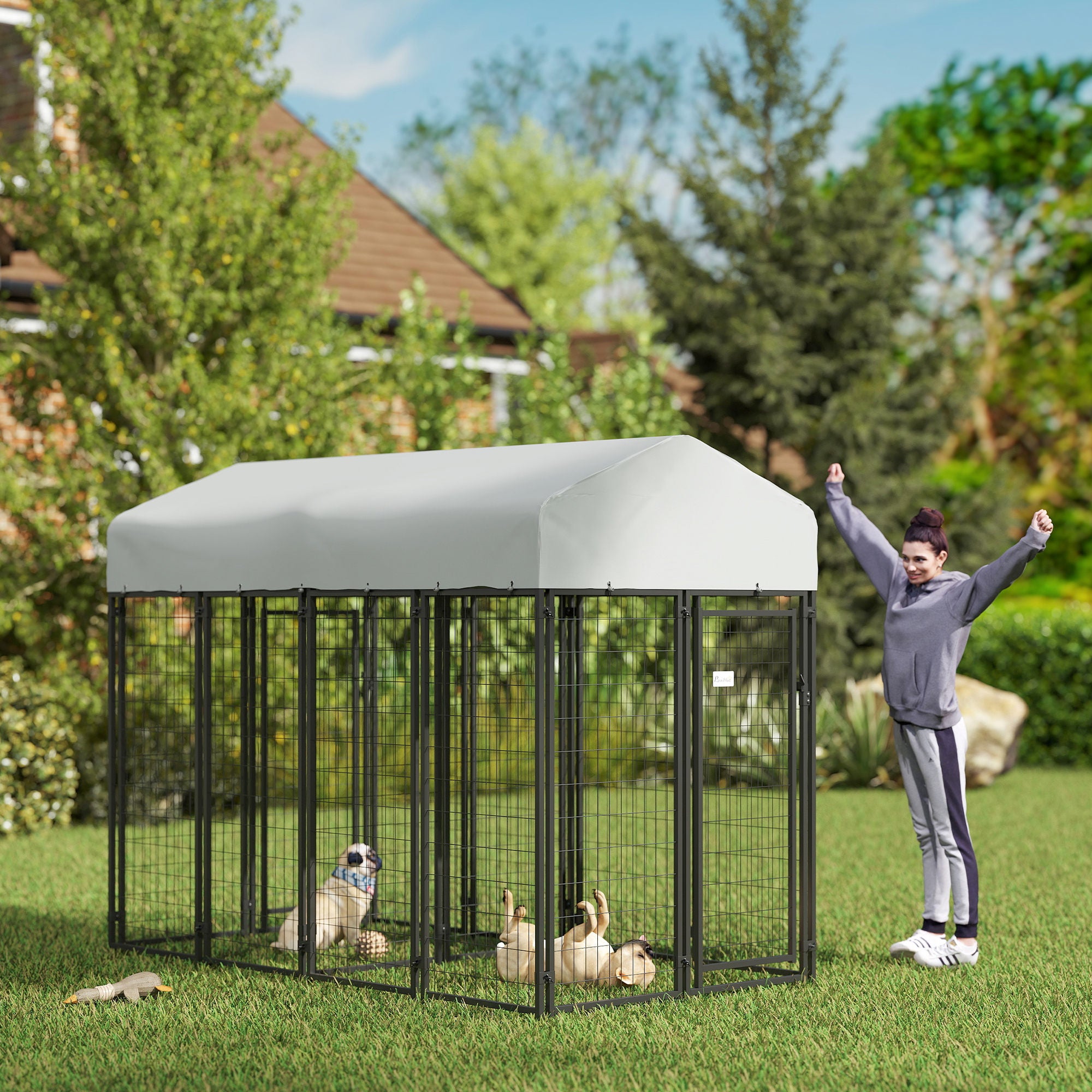 PawHut 8' x 4' x 6' Dog Kennel Outside with 2 Rooms, Dog Playpen Exercise Pen with 2 Lockable Door, Water-Resistant Canopy, for Medium and Large Puppies