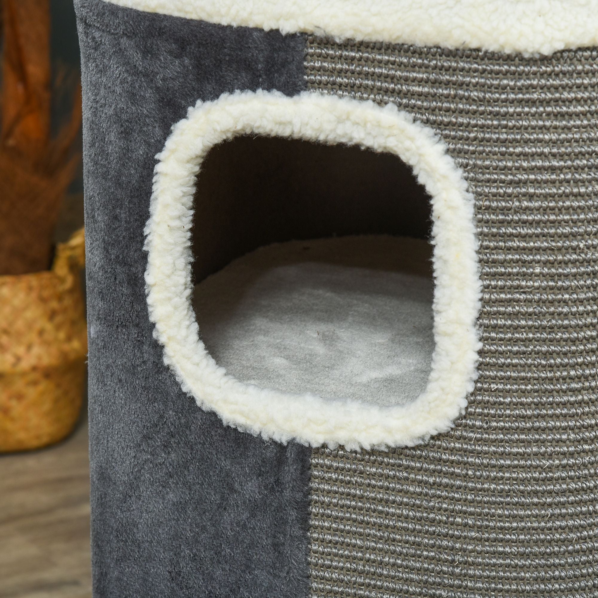 PawHut Cat Barrel Scratching Post Cat Tree for Indoor Cats Kitten Climbing Frame Pet Play Tower Soft Plush & Lamb Fleece Grey