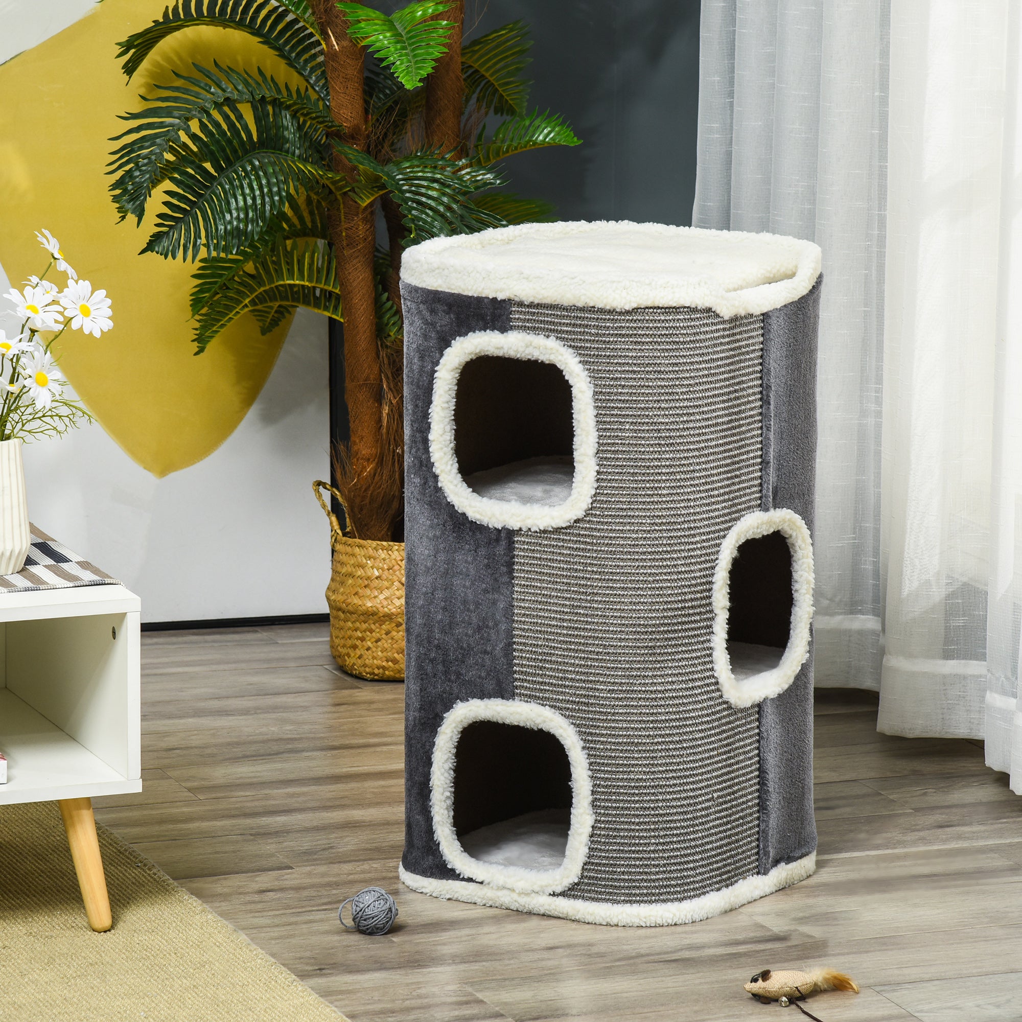 PawHut Cat Barrel Scratching Post Cat Tree for Indoor Cats Kitten Climbing Frame Pet Play Tower Soft Plush & Lamb Fleece Grey