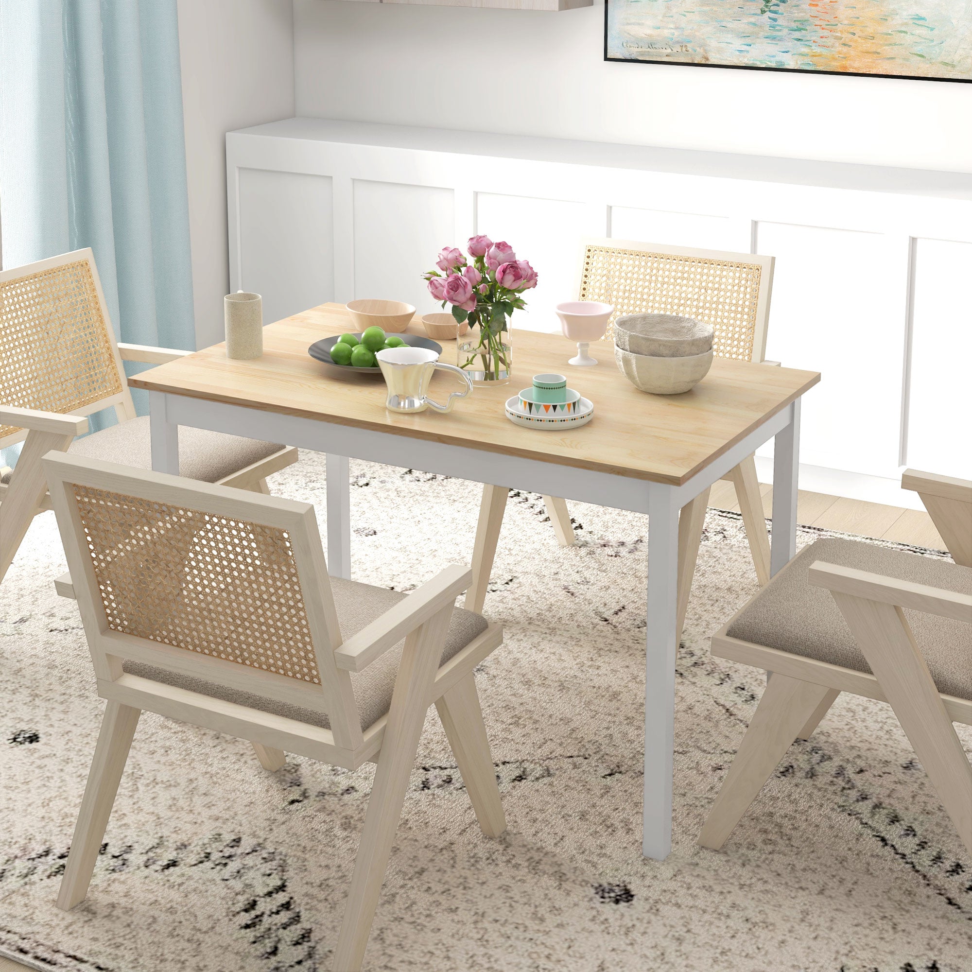 HOMCOM Dining Table for 4, Farmhouse Kitchen Table with Wooden Frame for Living Room, Dining Room, Natural