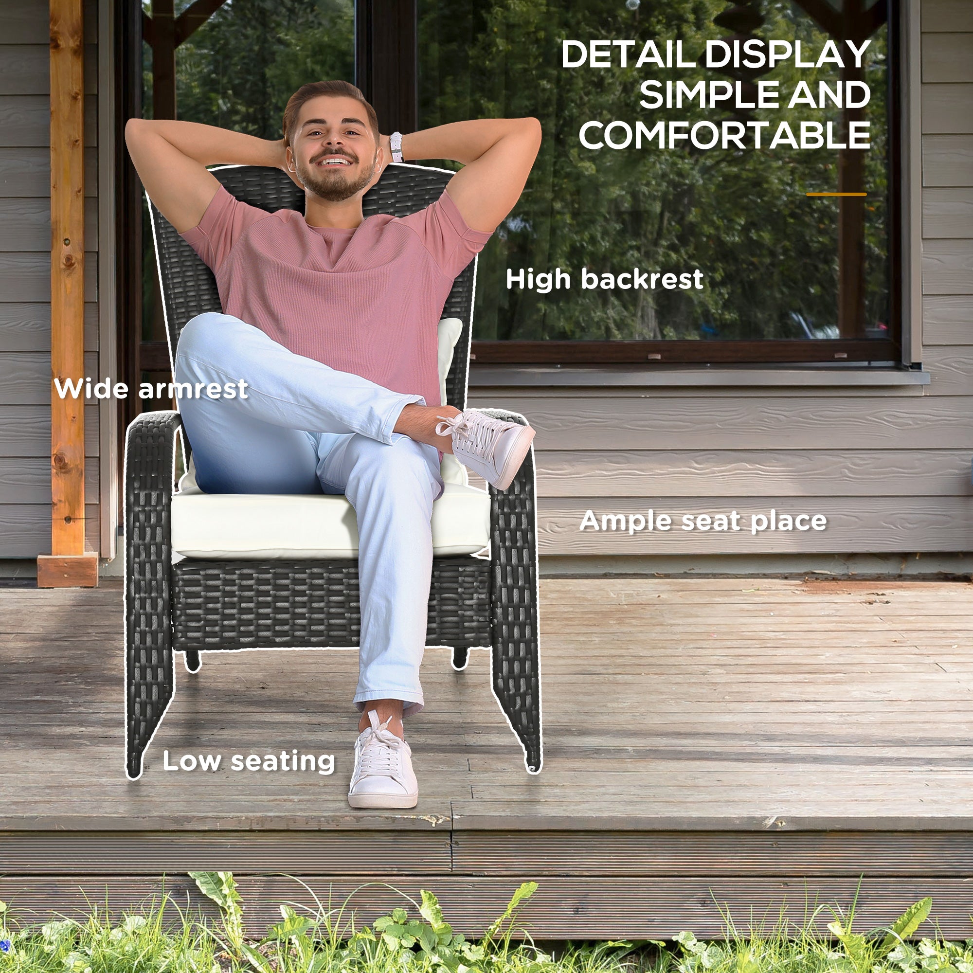 Outsunny Patio Wicker Adirondack Chair, PE Rattan Outdoor Muskoka Chair, Fire Pit Chair with Cushions for Patio, Garden, Backyard, Poolside, Balcony, Deck, Cream White