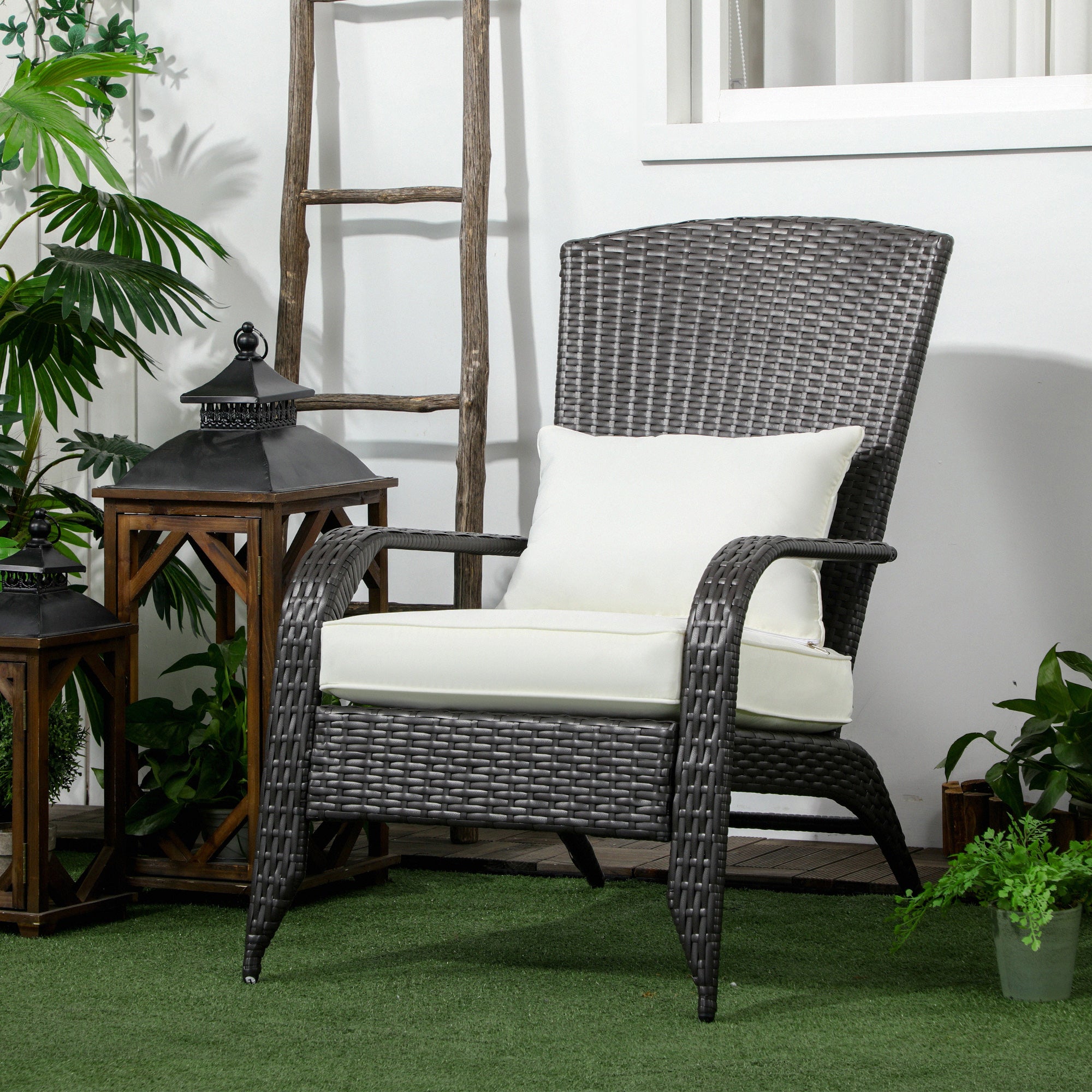 Outsunny Patio Wicker Adirondack Chair, PE Rattan Outdoor Muskoka Chair, Fire Pit Chair with Cushions for Patio, Garden, Backyard, Poolside, Balcony, Deck, Cream White