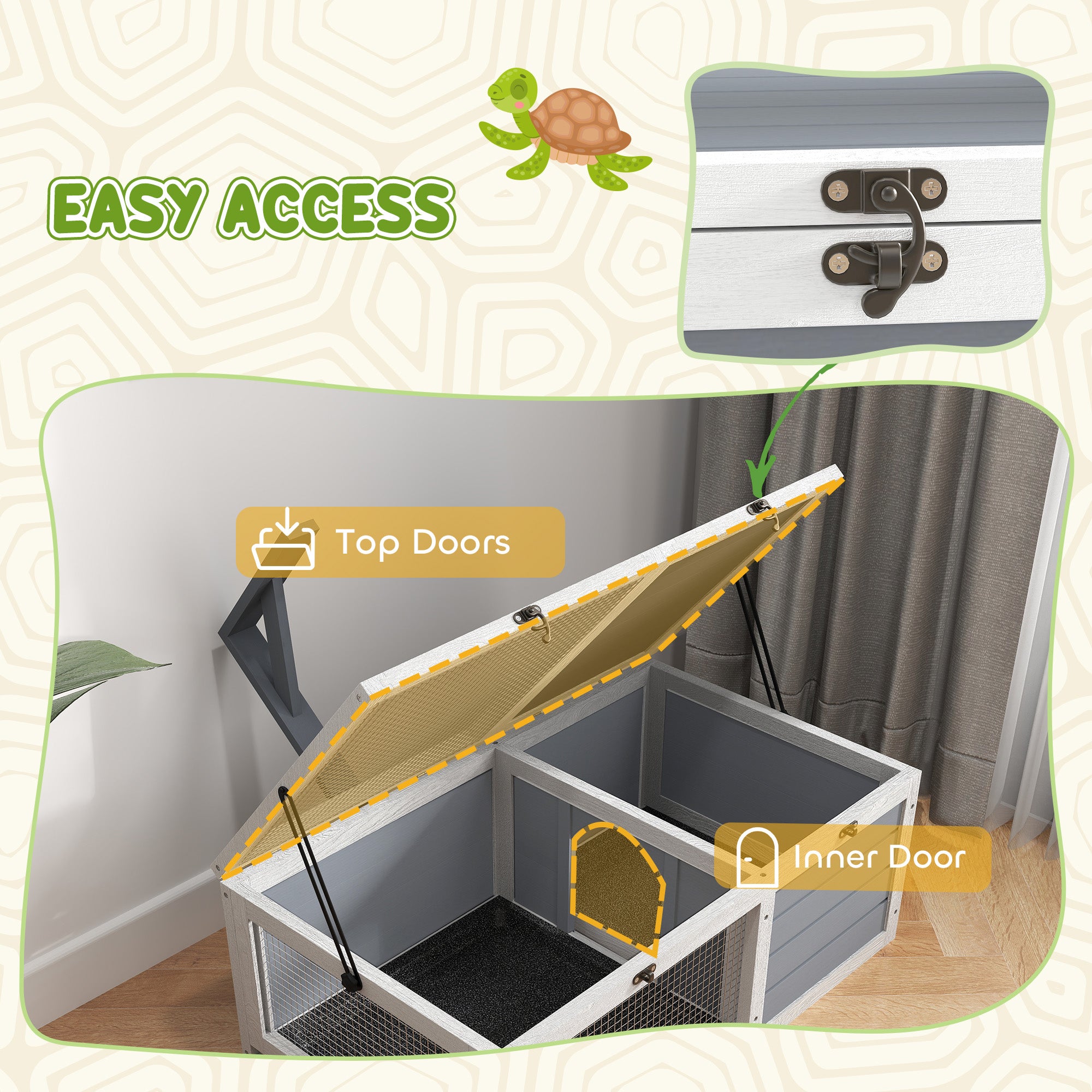 PawHut Tortoise House, Wooden Tortoise Enclosure, Tortoise Habitat with Lamp Holder, 2 Pull Out Trays, Hideaway, Run, for Outdoor & Indoor - Light Grey