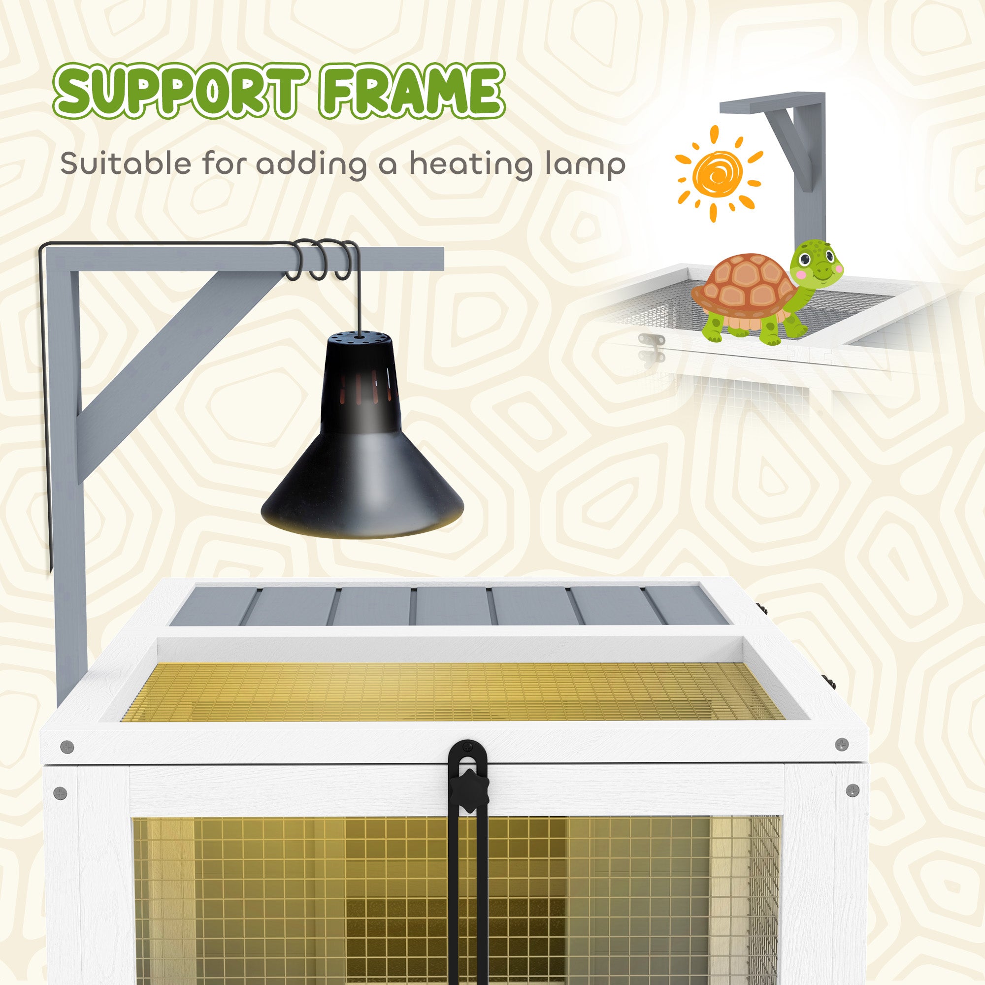 PawHut Tortoise House, Wooden Tortoise Enclosure, Tortoise Habitat with Lamp Holder, 2 Pull Out Trays, Hideaway, Run, for Outdoor & Indoor - Light Grey