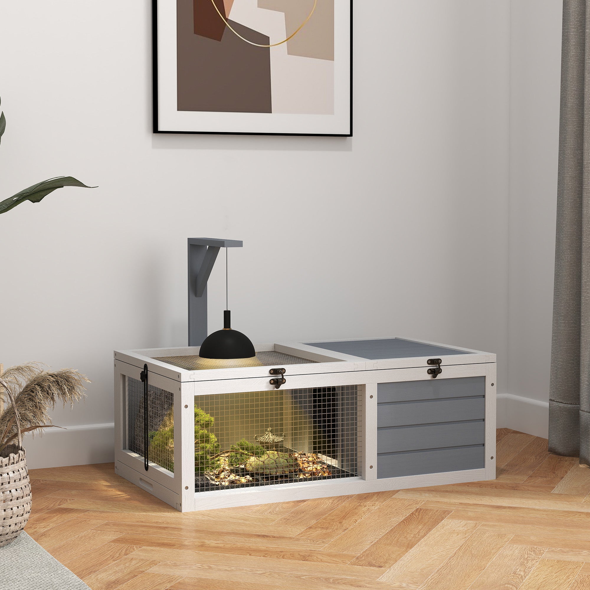 PawHut Tortoise House, Wooden Tortoise Enclosure, Tortoise Habitat with Lamp Holder, 2 Pull Out Trays, Hideaway, Run, for Outdoor & Indoor - Light Grey