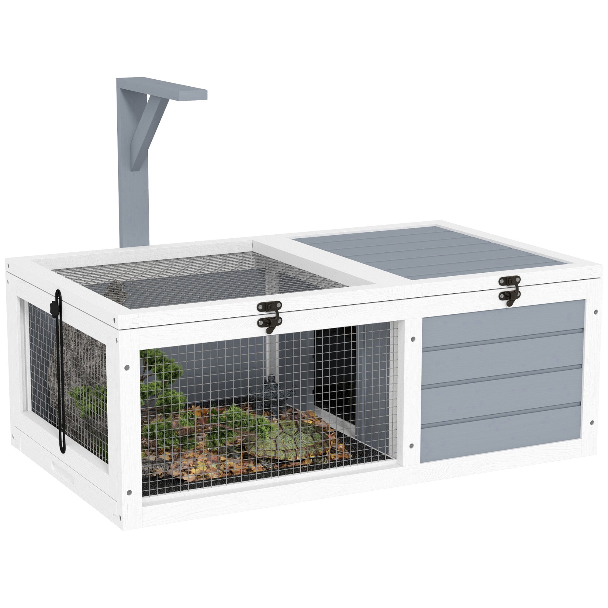 PawHut Tortoise House, Wooden Tortoise Enclosure, Tortoise Habitat with Lamp Holder, 2 Pull Out Trays, Hideaway, Run, for Outdoor & Indoor - Light Grey