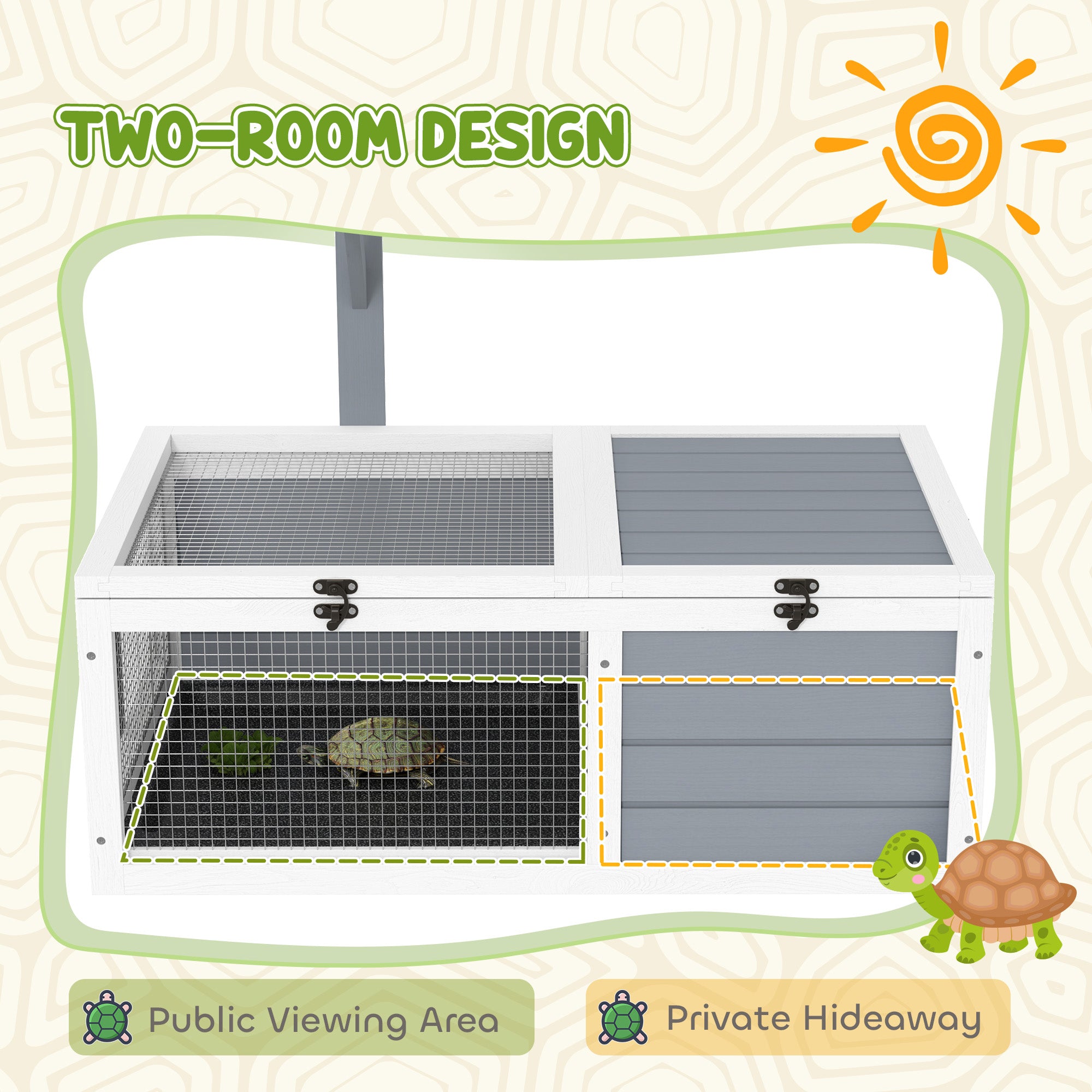 PawHut Tortoise House, Wooden Tortoise Enclosure, Tortoise Habitat with Lamp Holder, 2 Pull Out Trays, Hideaway, Run, for Outdoor & Indoor - Light Grey