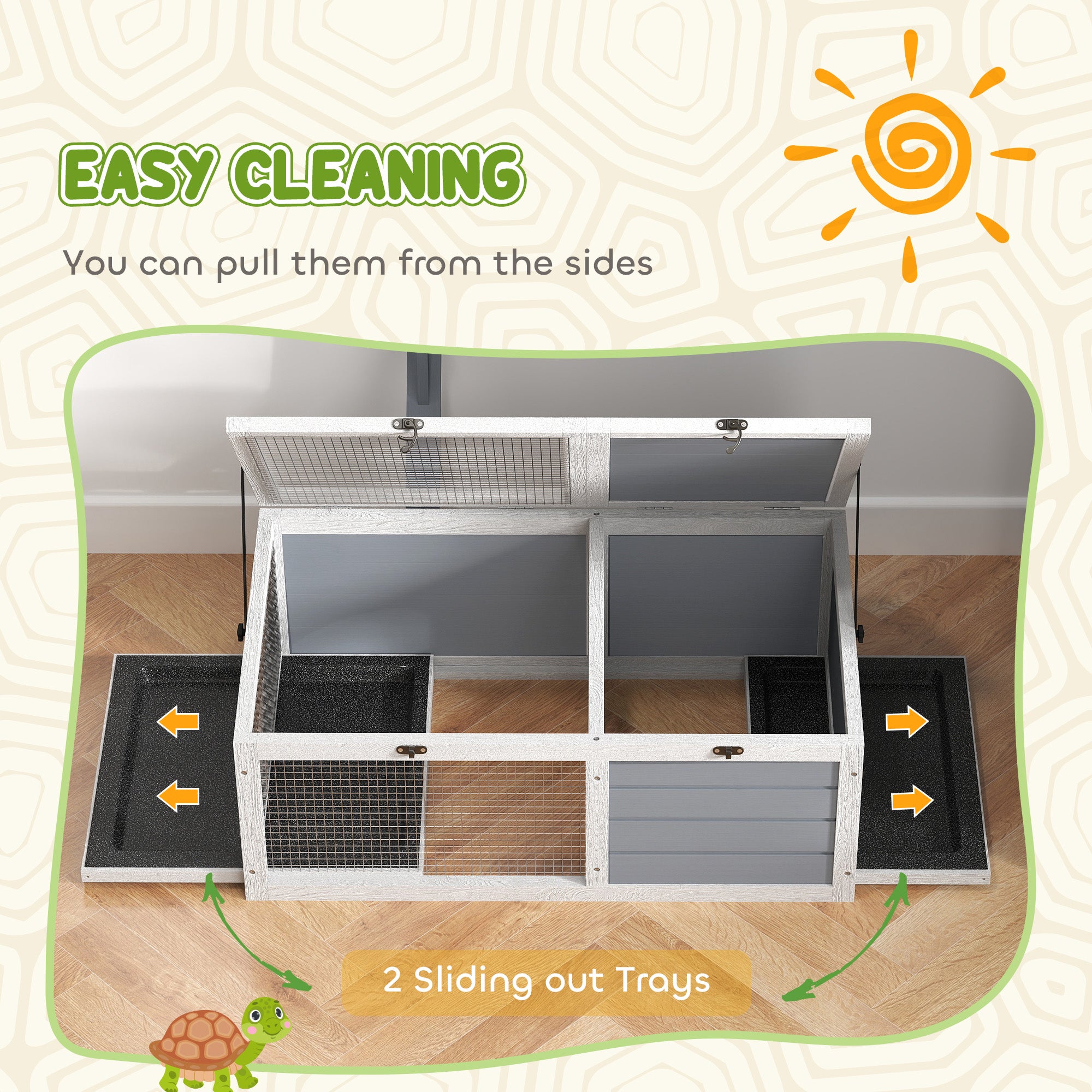 PawHut Tortoise House, Wooden Tortoise Enclosure, Tortoise Habitat with Lamp Holder, 2 Pull Out Trays, Hideaway, Run, for Outdoor & Indoor - Light Grey